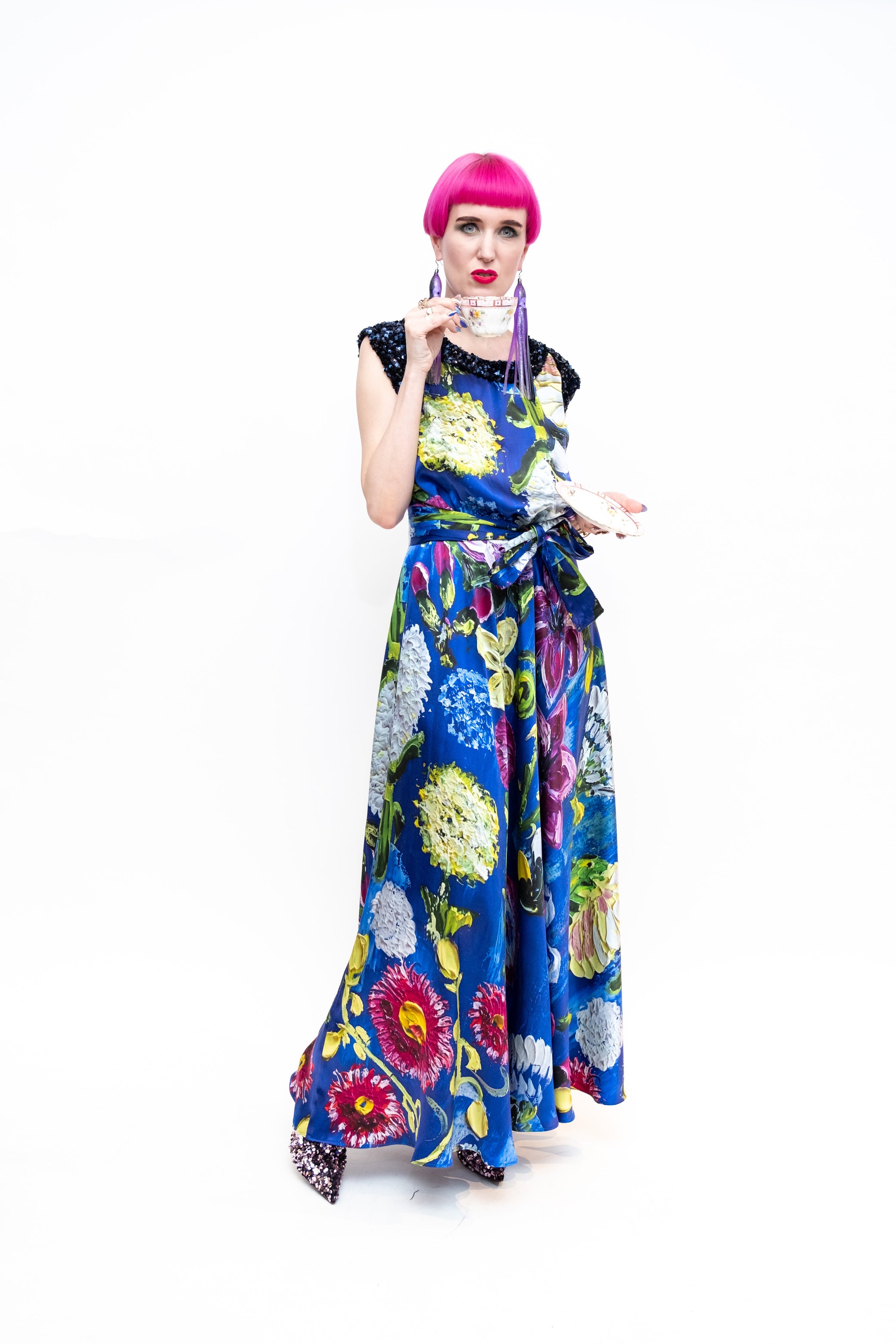 Blue Silk flower dress with sequins Maya Seyferth