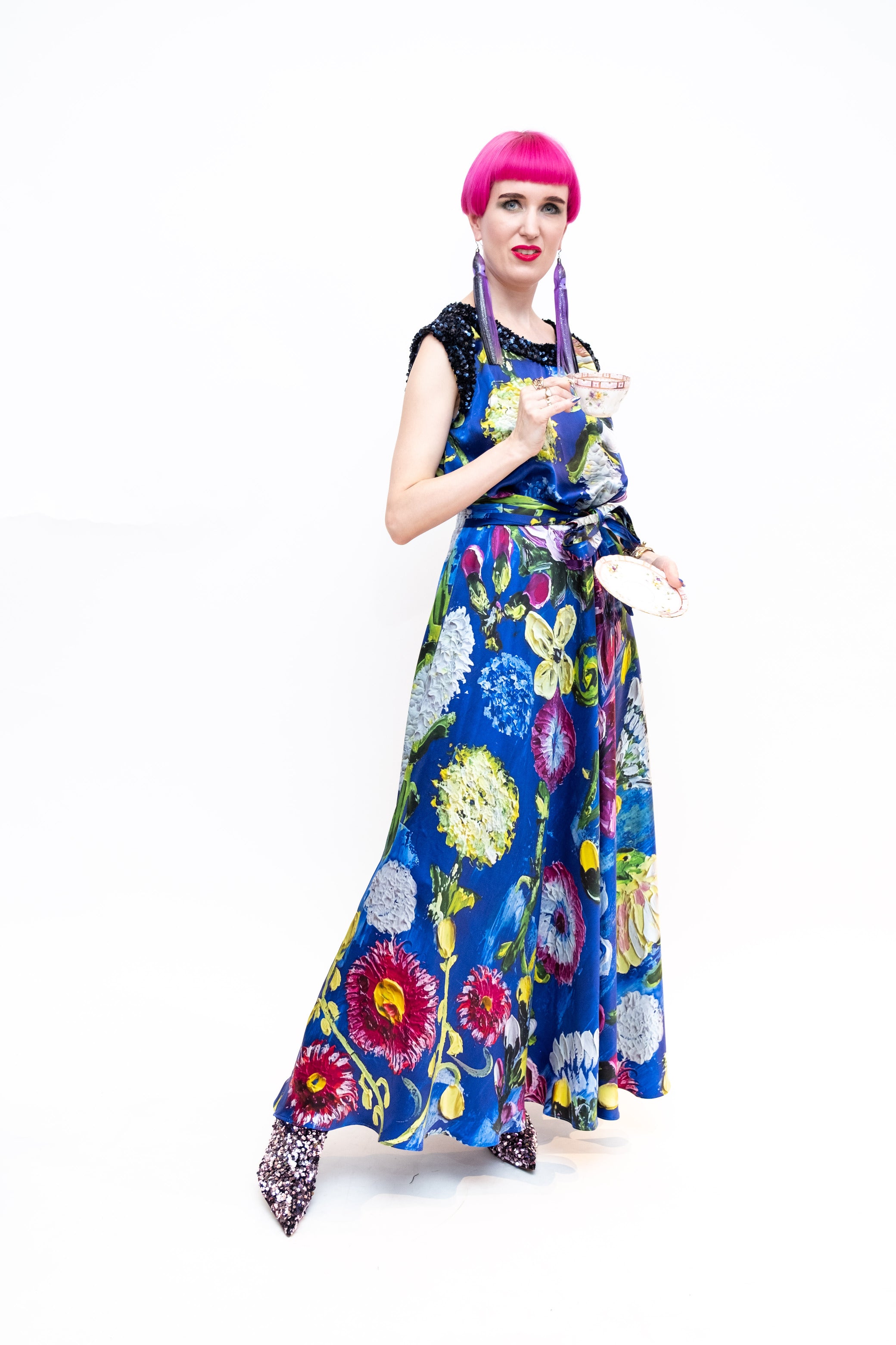 Blue Silk flower dress with sequins Maya Seyferth
