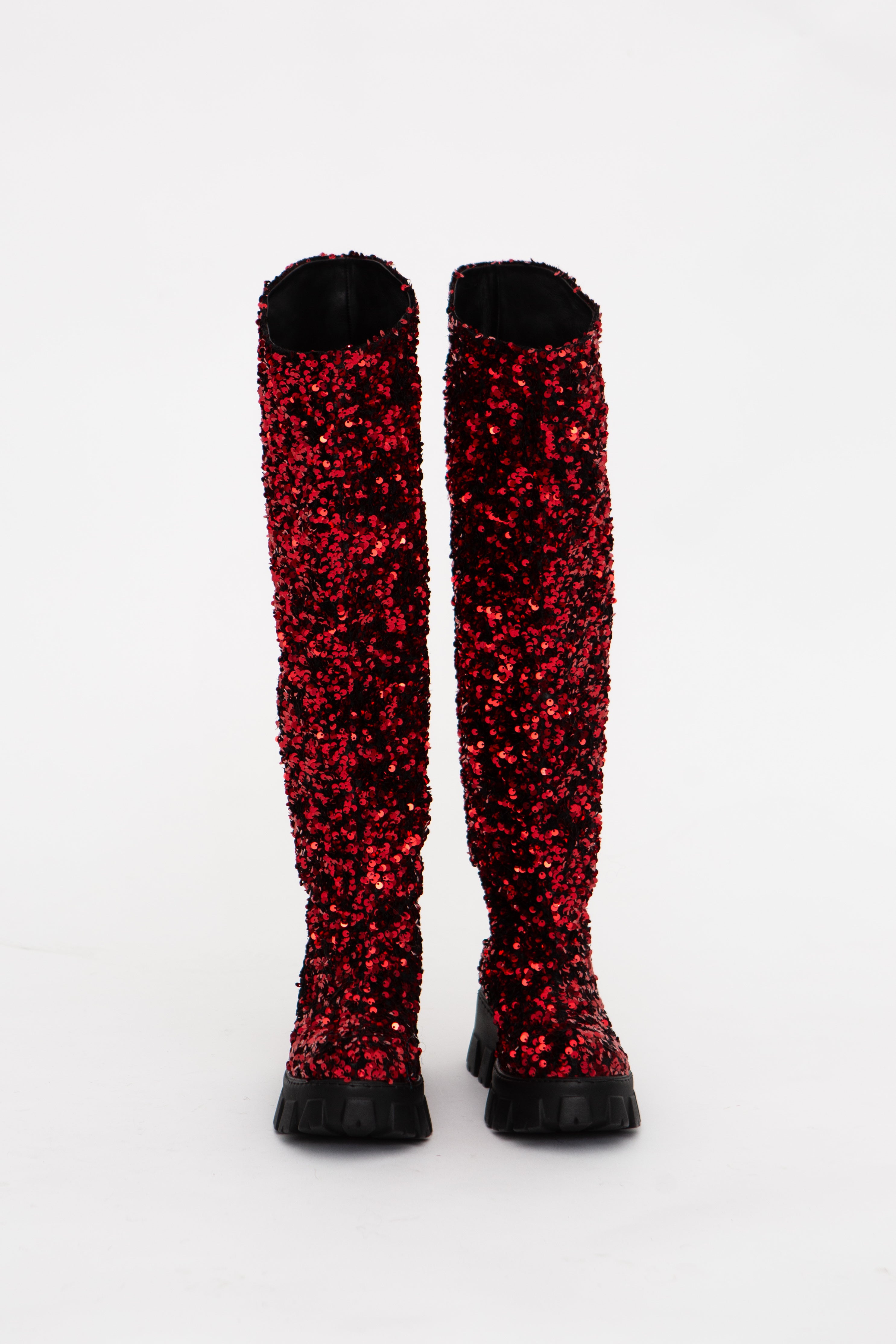 Handmade Boots High Red Sequins
