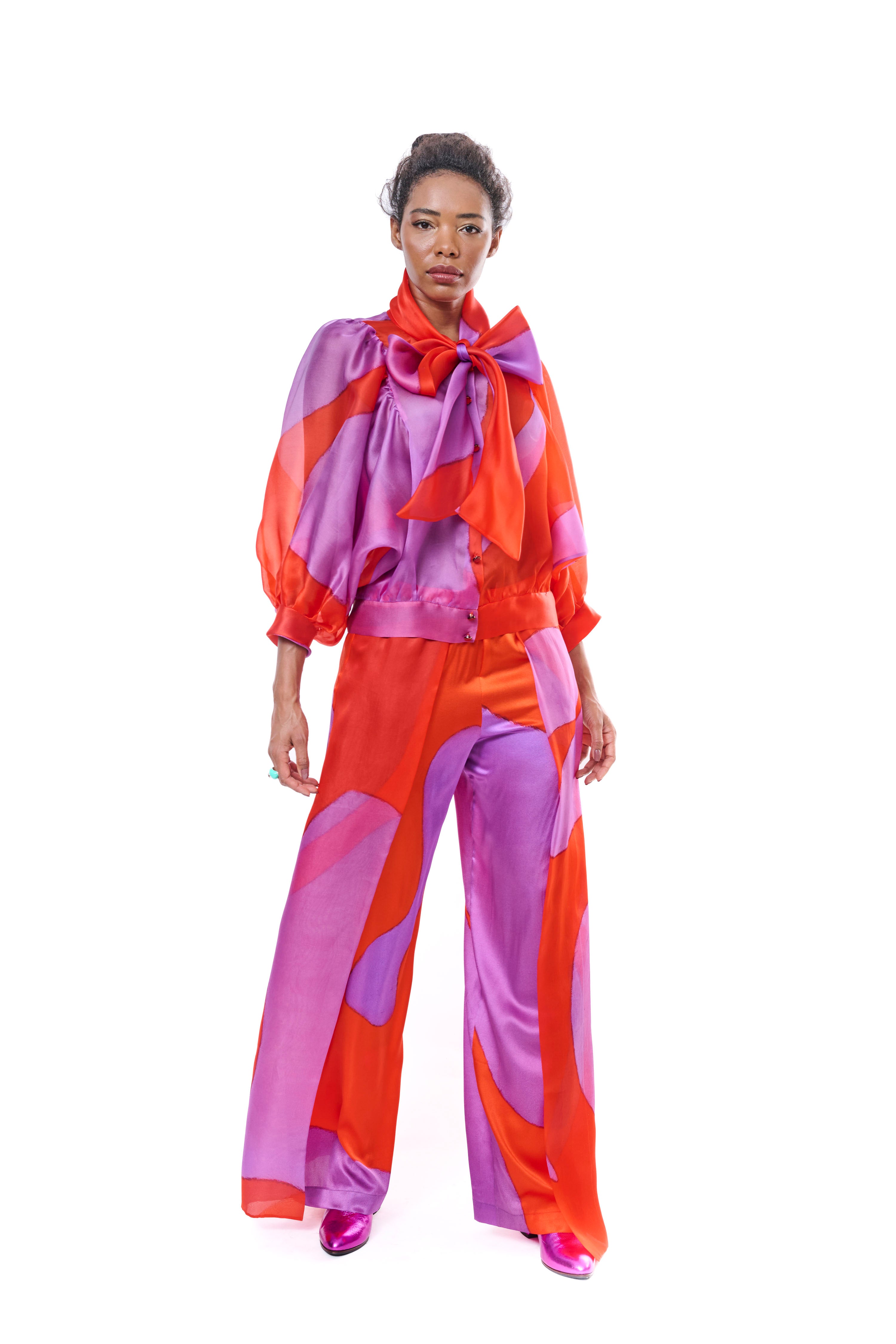 Blouse Bow Silk Red Purple