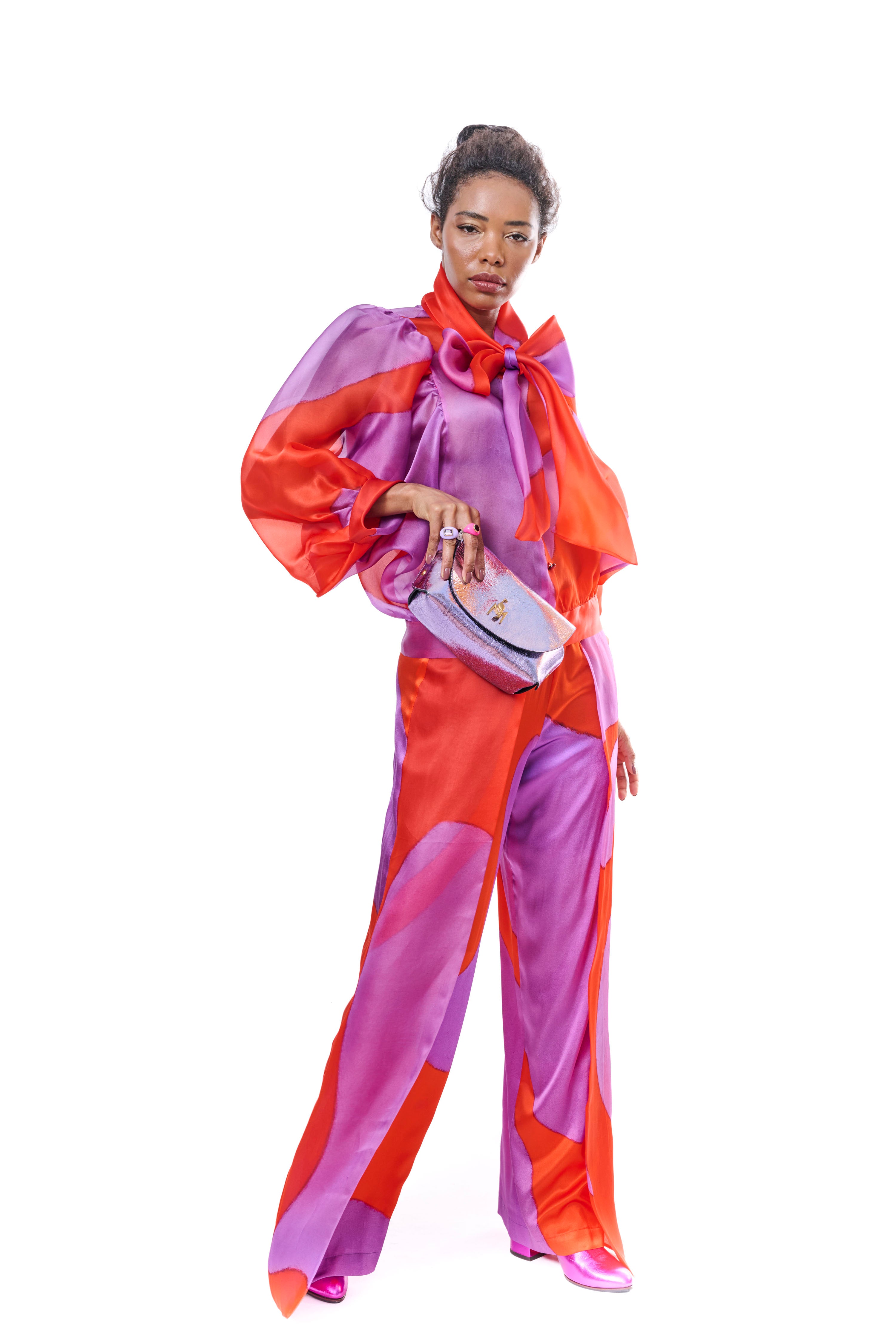 Blouse Bow Silk Red Purple