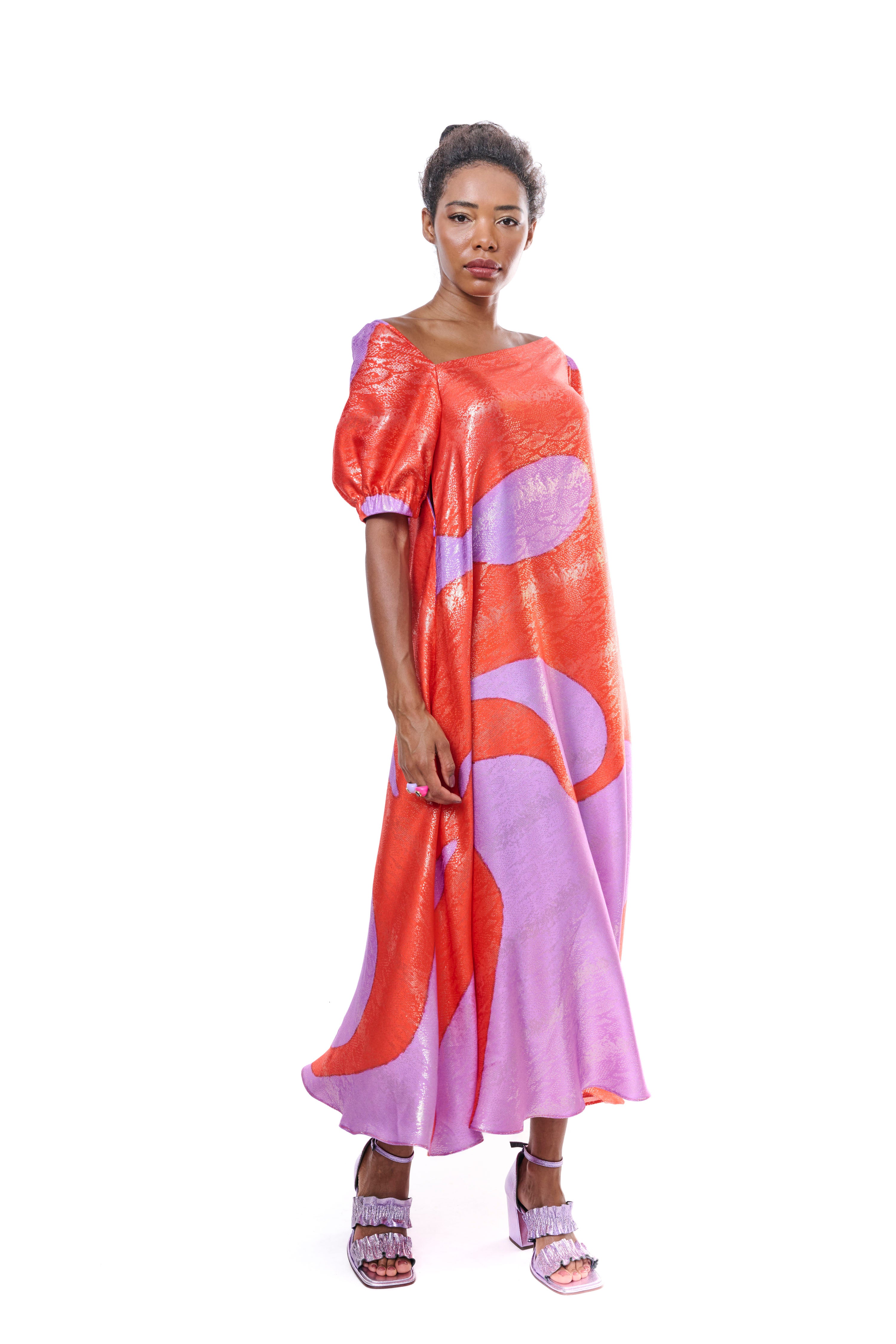 Dress Long Graphic Pure Silk Red