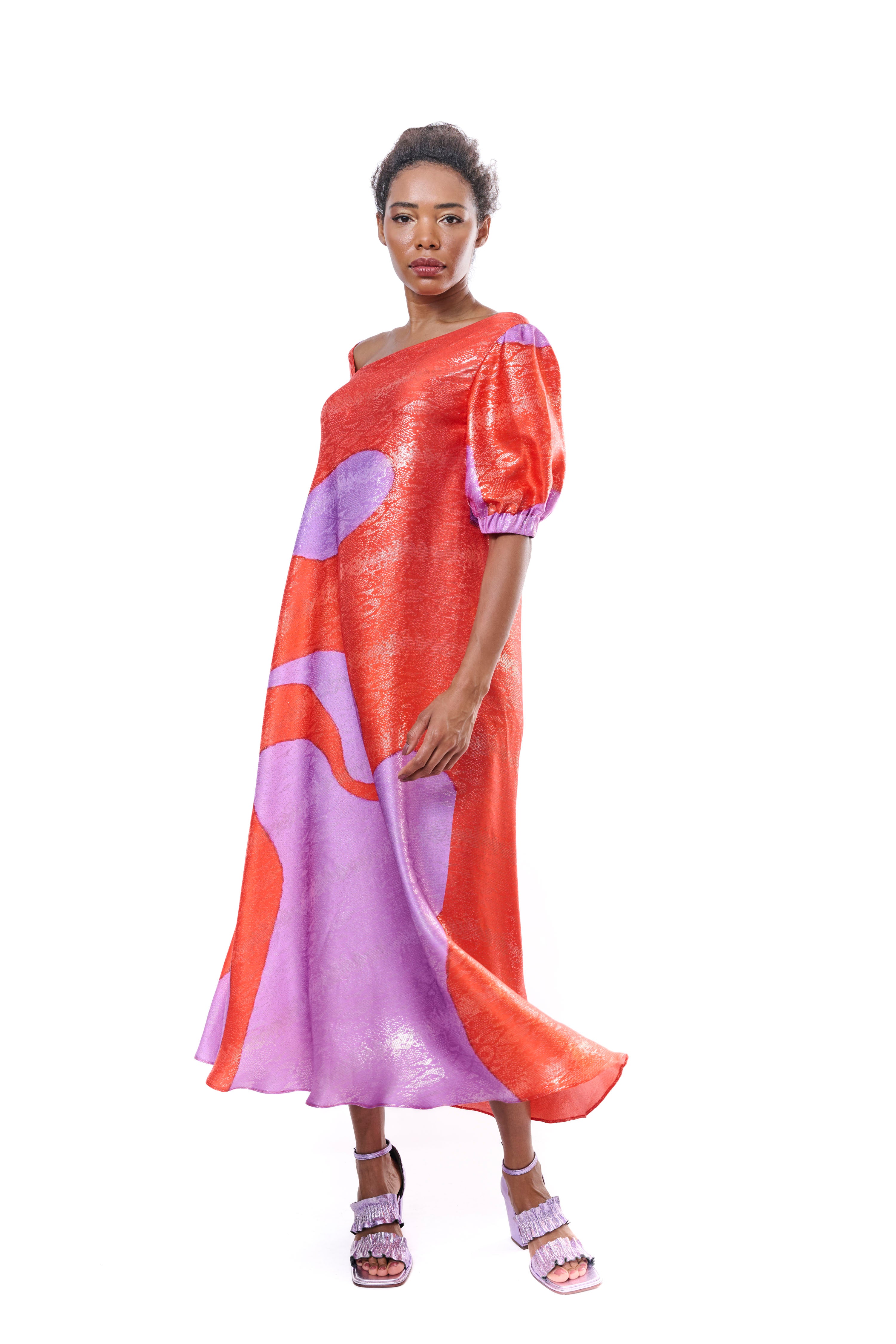 Dress Long Graphic Pure Silk Red