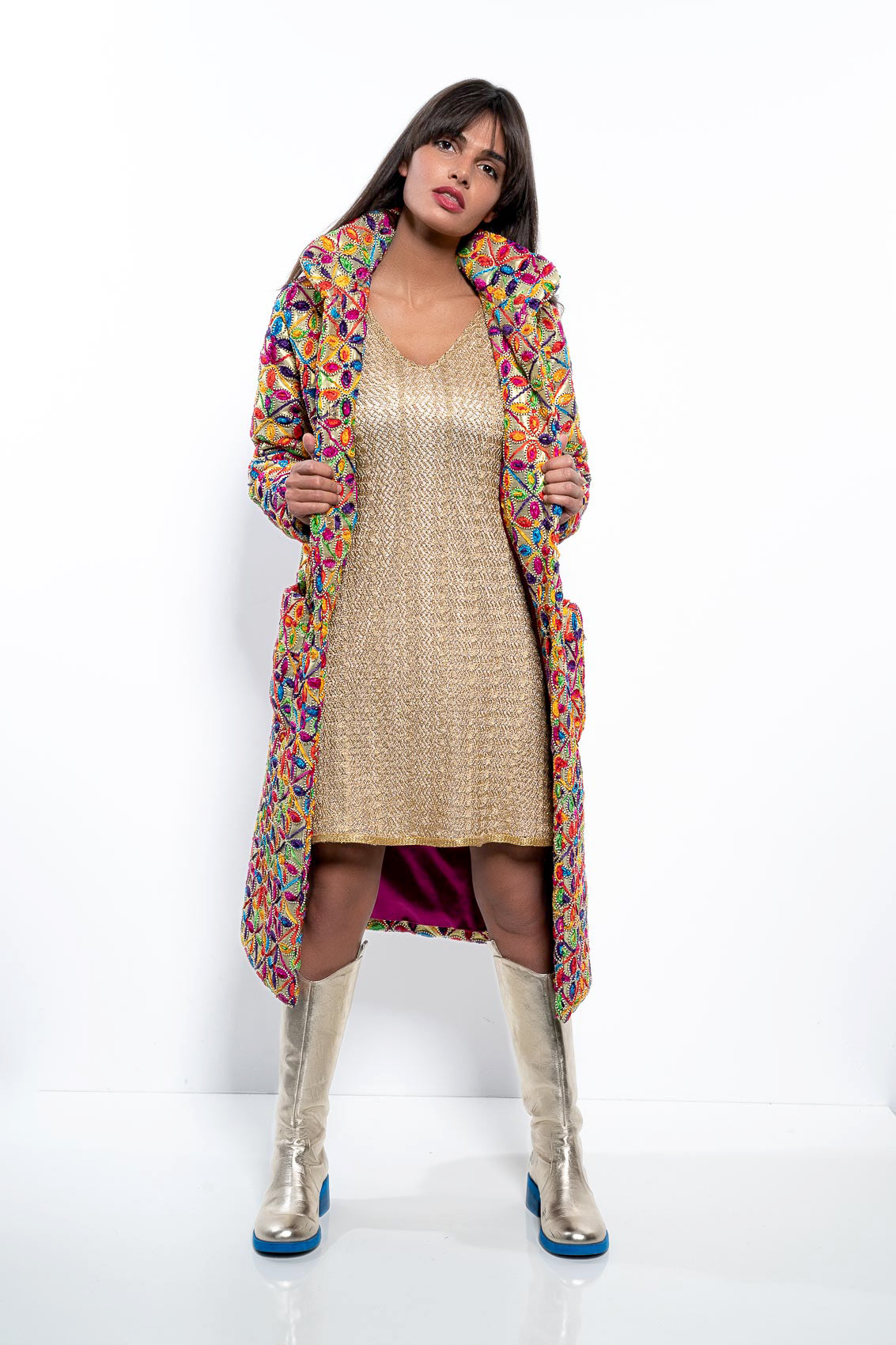 Bunte, bestickte Jacke - gold lang "Vision K"