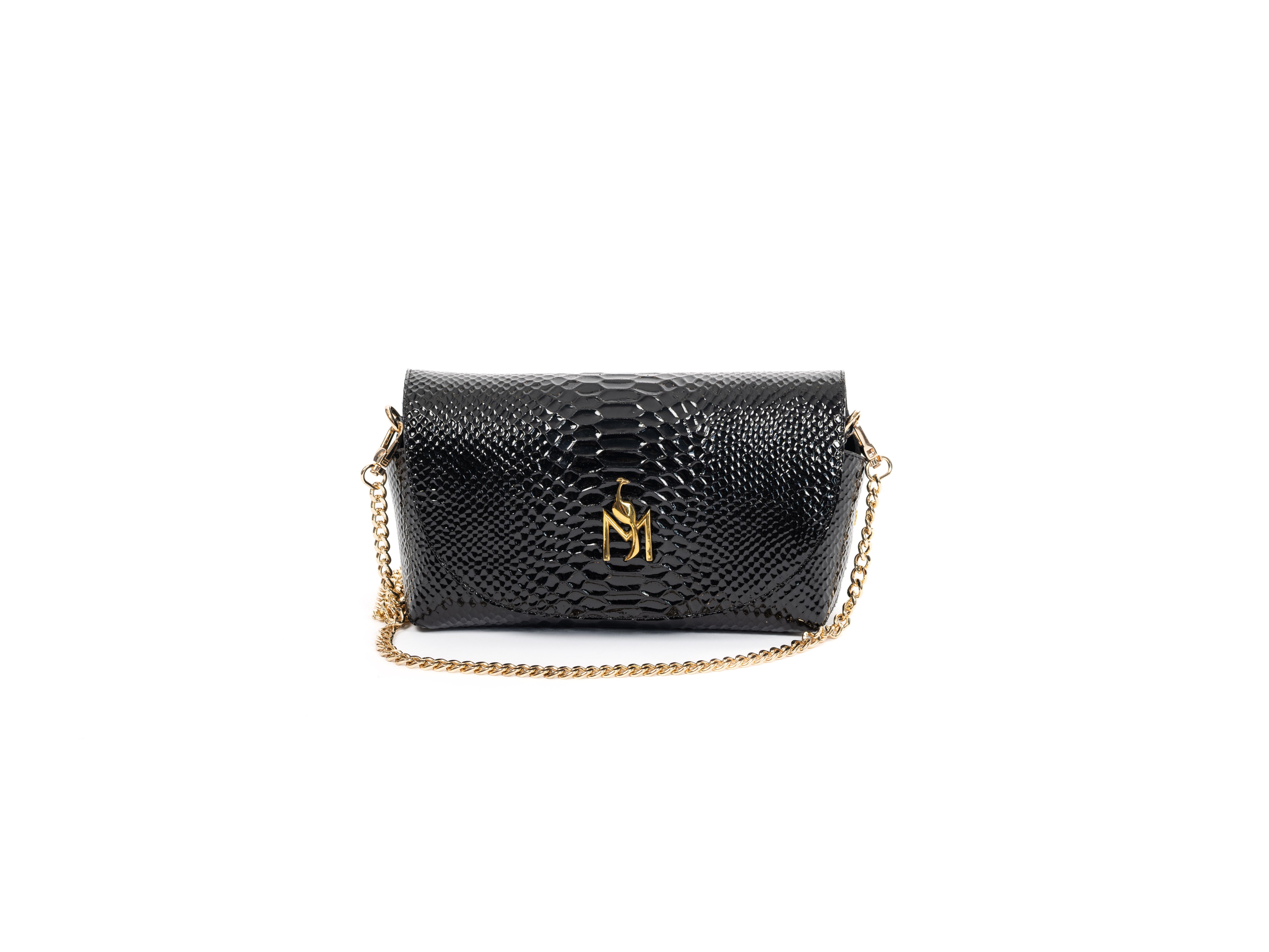 Maya Seyferth Abendtasche in Schwarz aus geprägtem Leder mit goldener Gliederkette