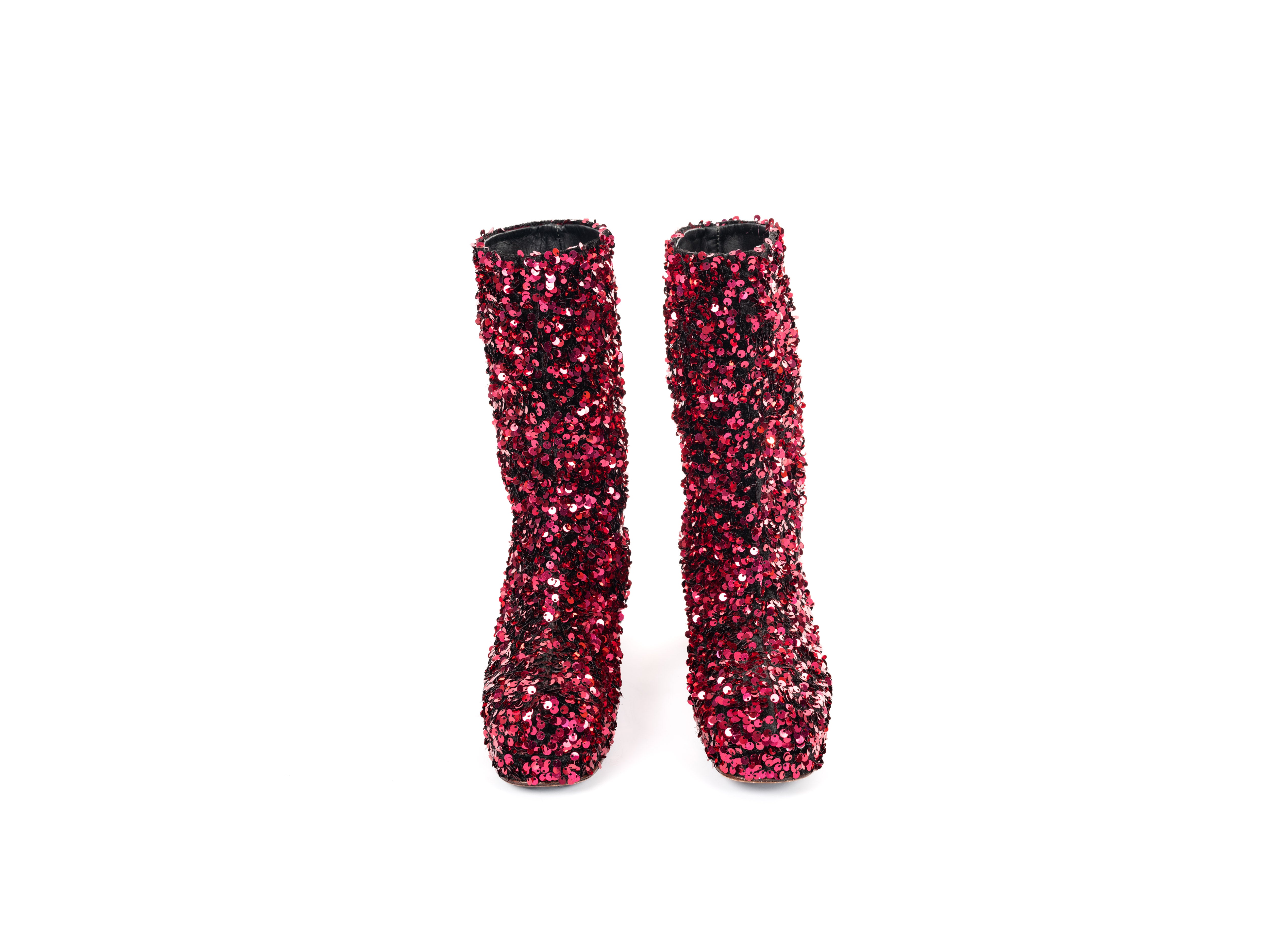 Maya Seyferth Paillettenstiefel Fuchsia, Sohlen- und Seitenansicht mit Blockabsatz
