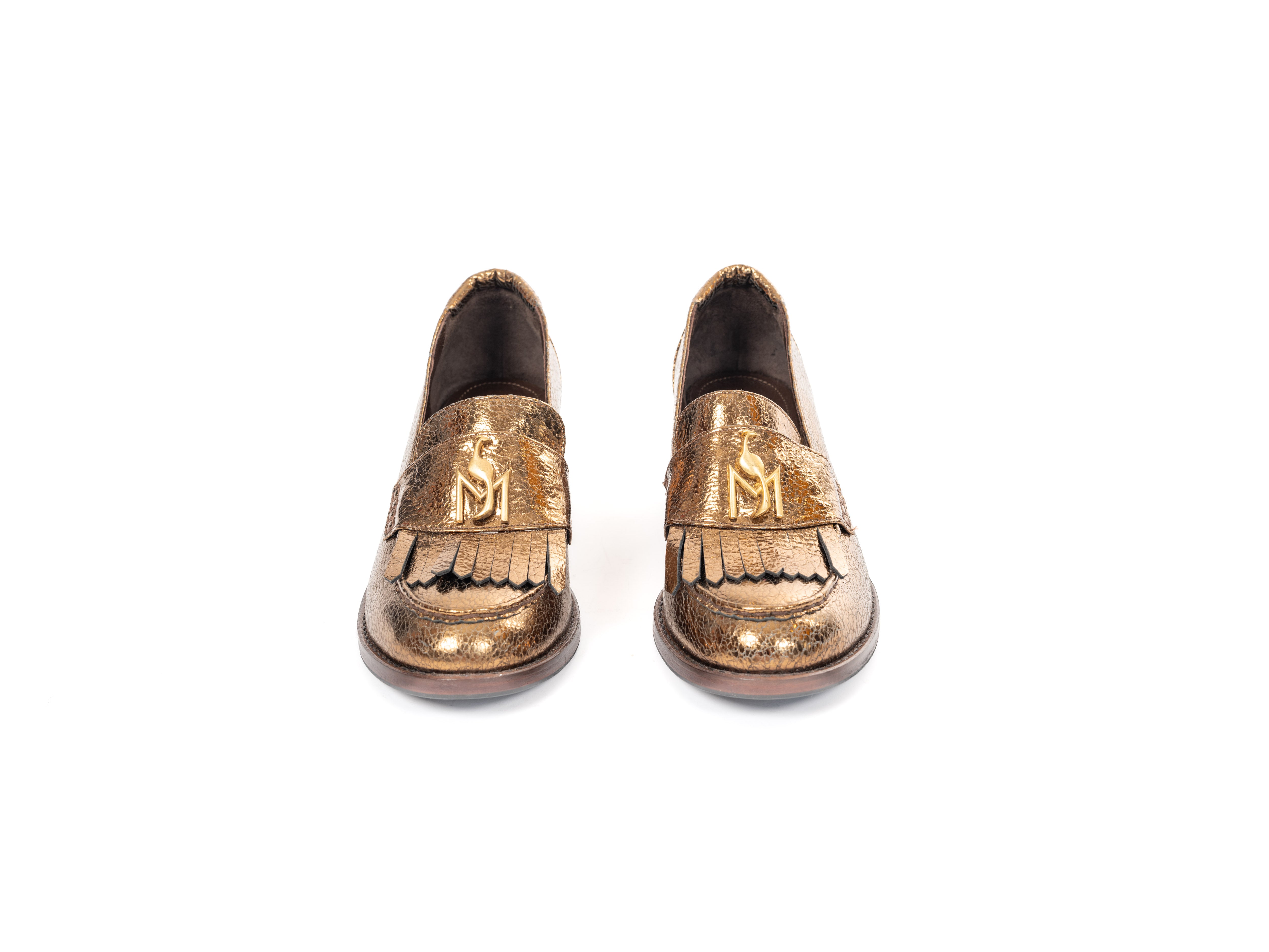 Maya Seyferth Loafer in Bronze aus Metallic-Leder mit Kiltie-Fransen und goldenem Logo, Draufsicht