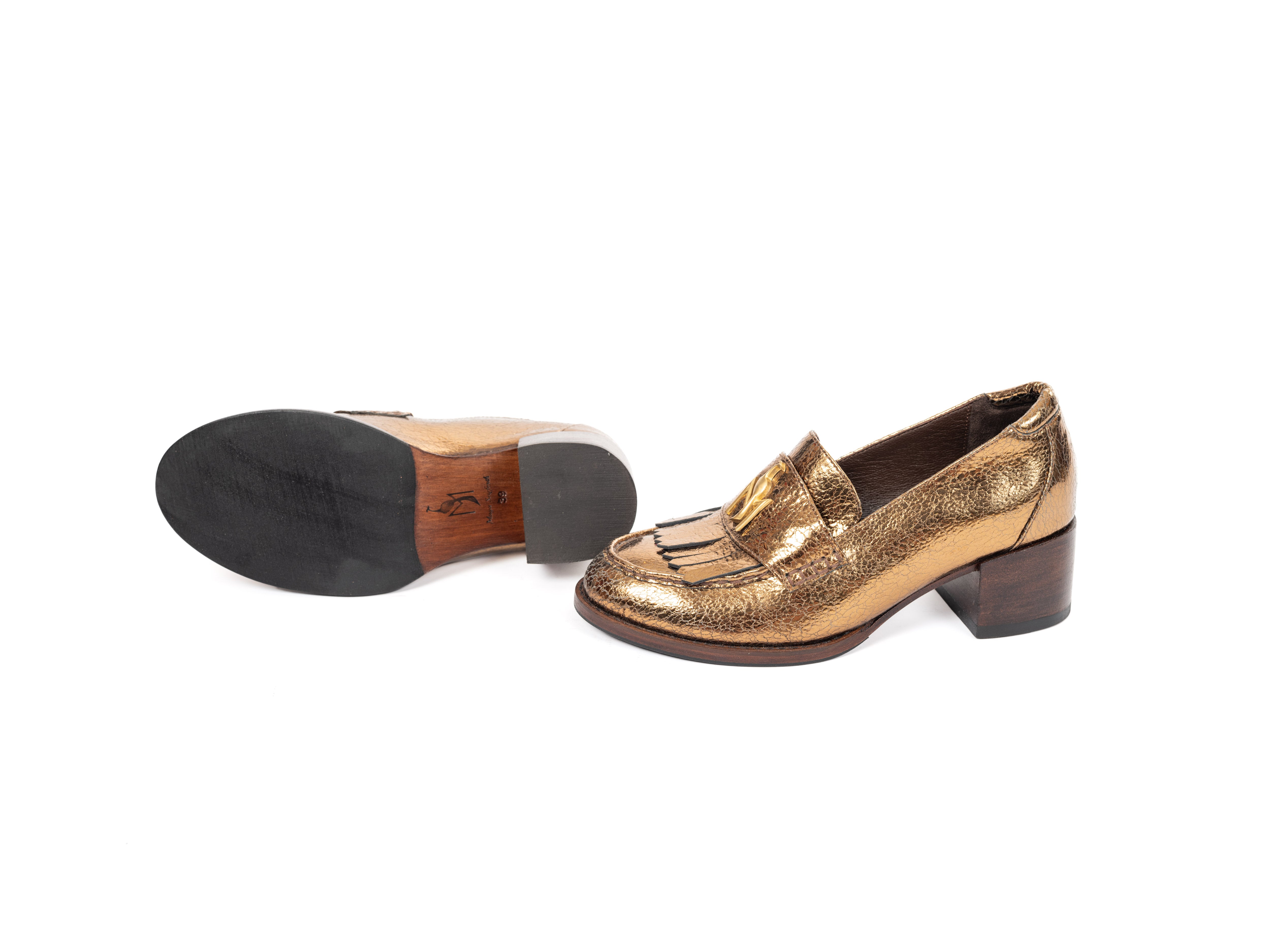 Maya Seyferth Loafer in Bronze, Sohlen- und Seitenansicht mit Holz-Blockabsatz