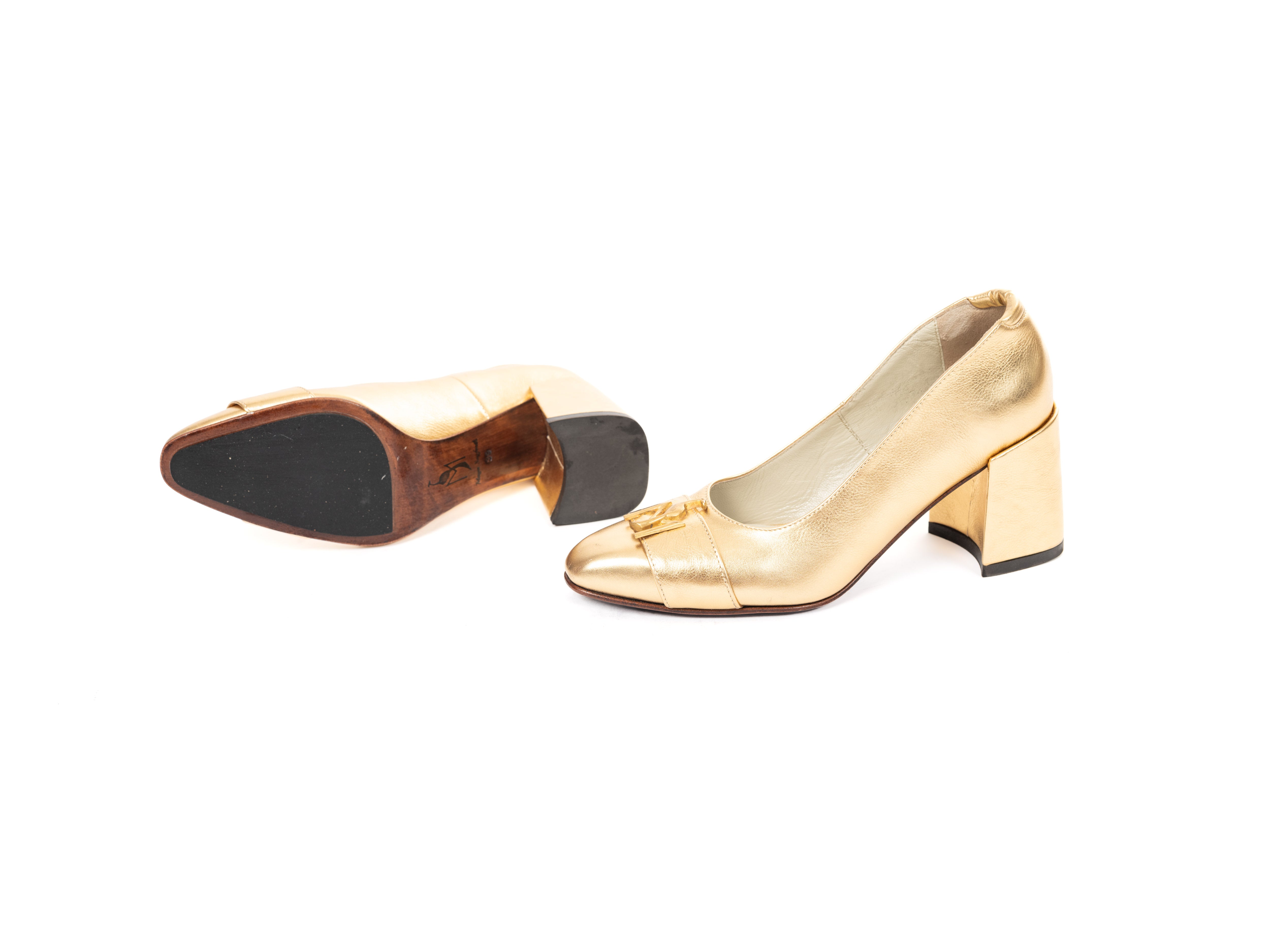 Maya Seyferth Pumps in Gold, Sohlen- und Seitenansicht mit Blockabsatz