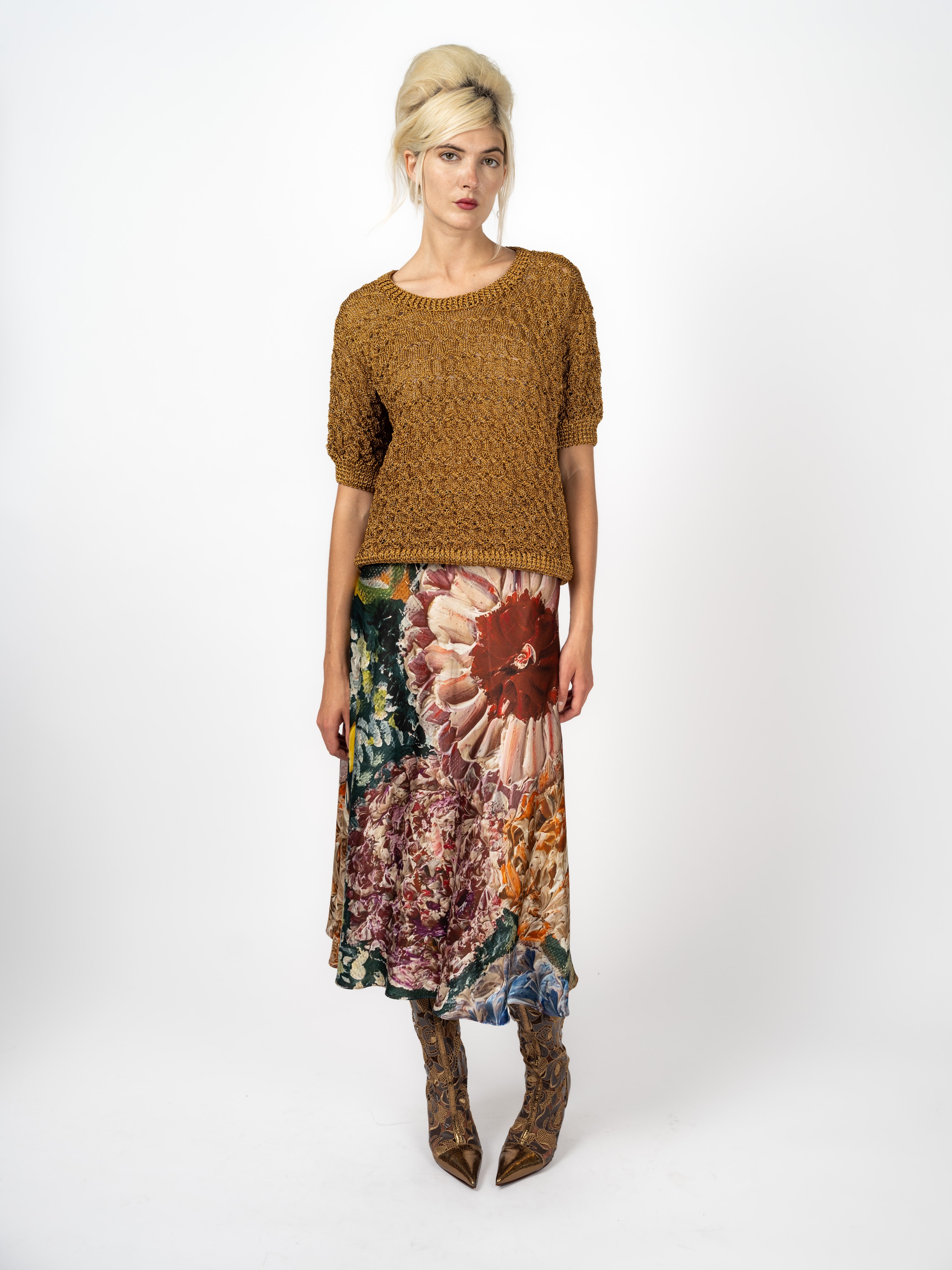 Kurzarm-Strickpullover aus Lurex in Gold – Vorderansicht