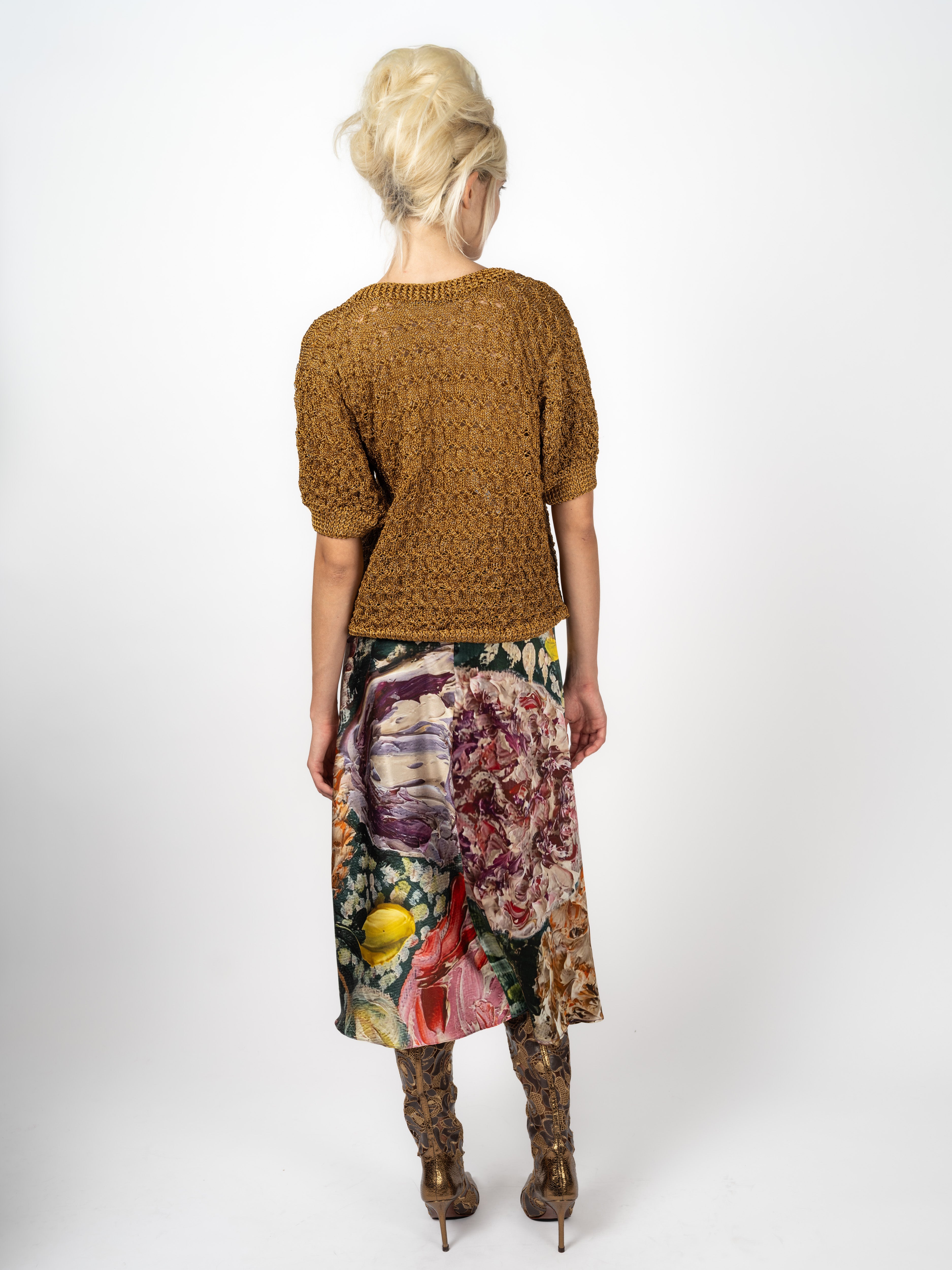 Kurzarm-Strickpullover Lurex Gold – Rückansicht