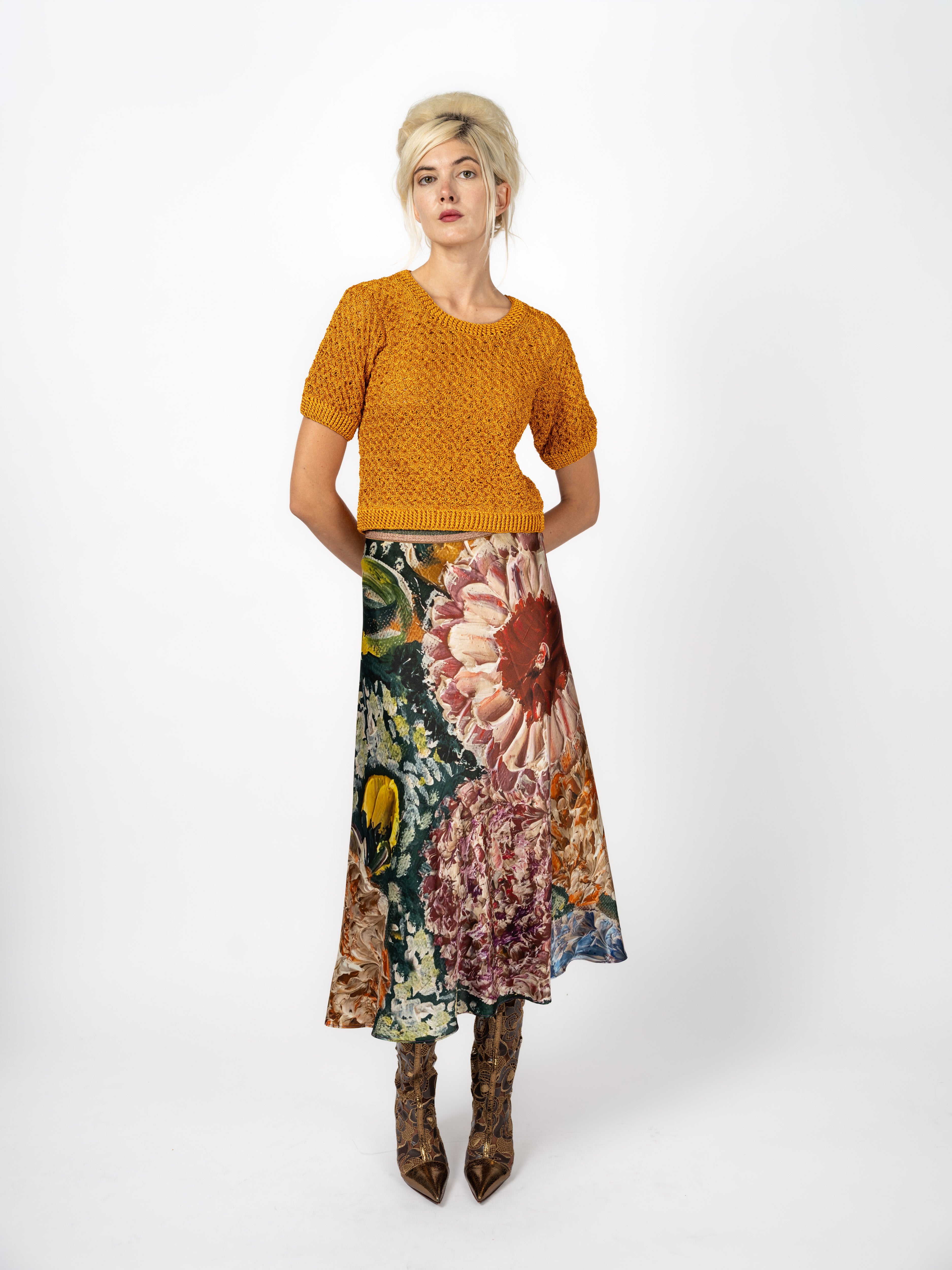 Kurzarm-Strickpullover Lurex Senfgelb – weitere Ansicht