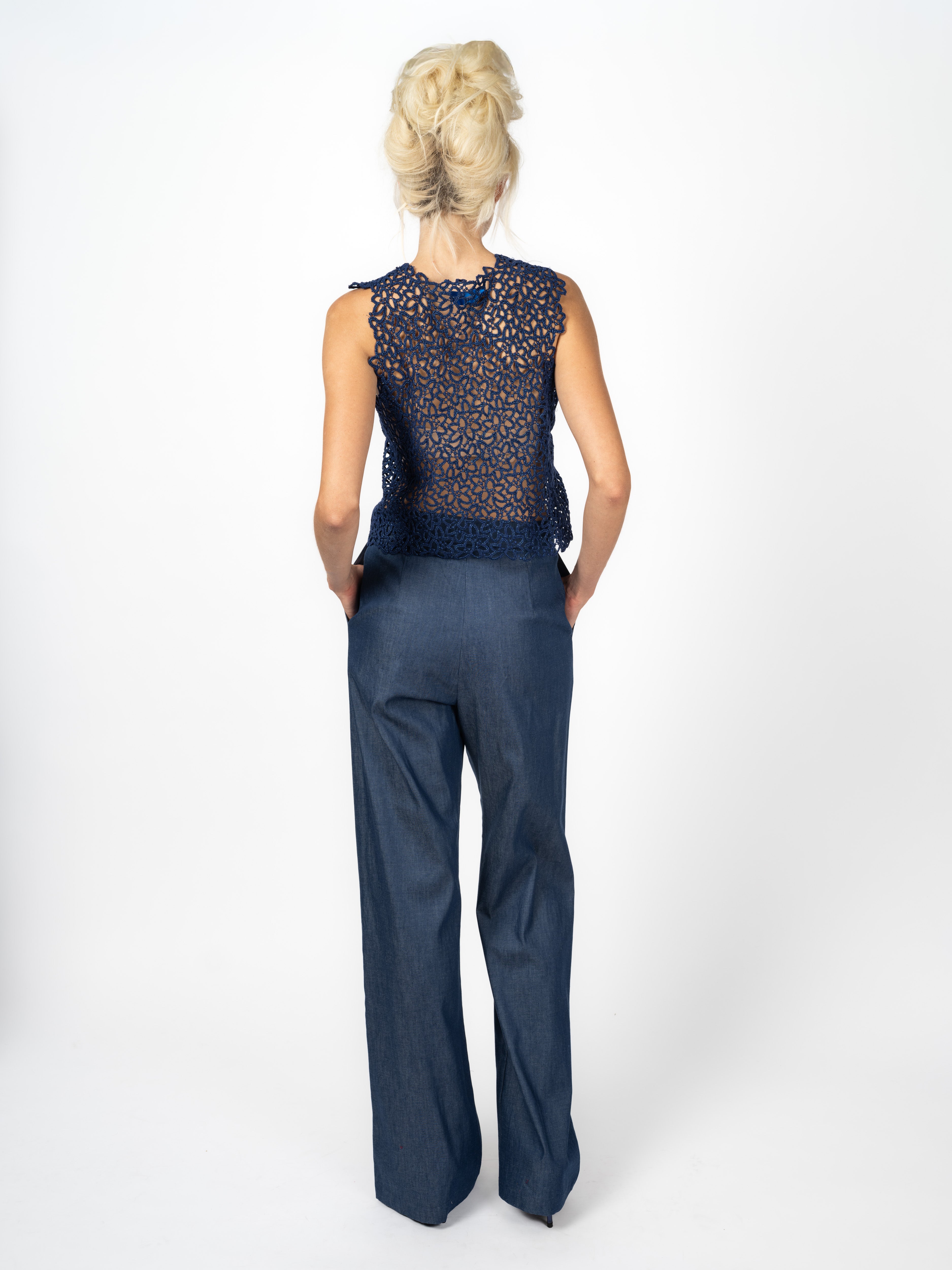 Spitzentop Lurex Marineblau mit Anzugshose Indigoblau – weitere Ansicht