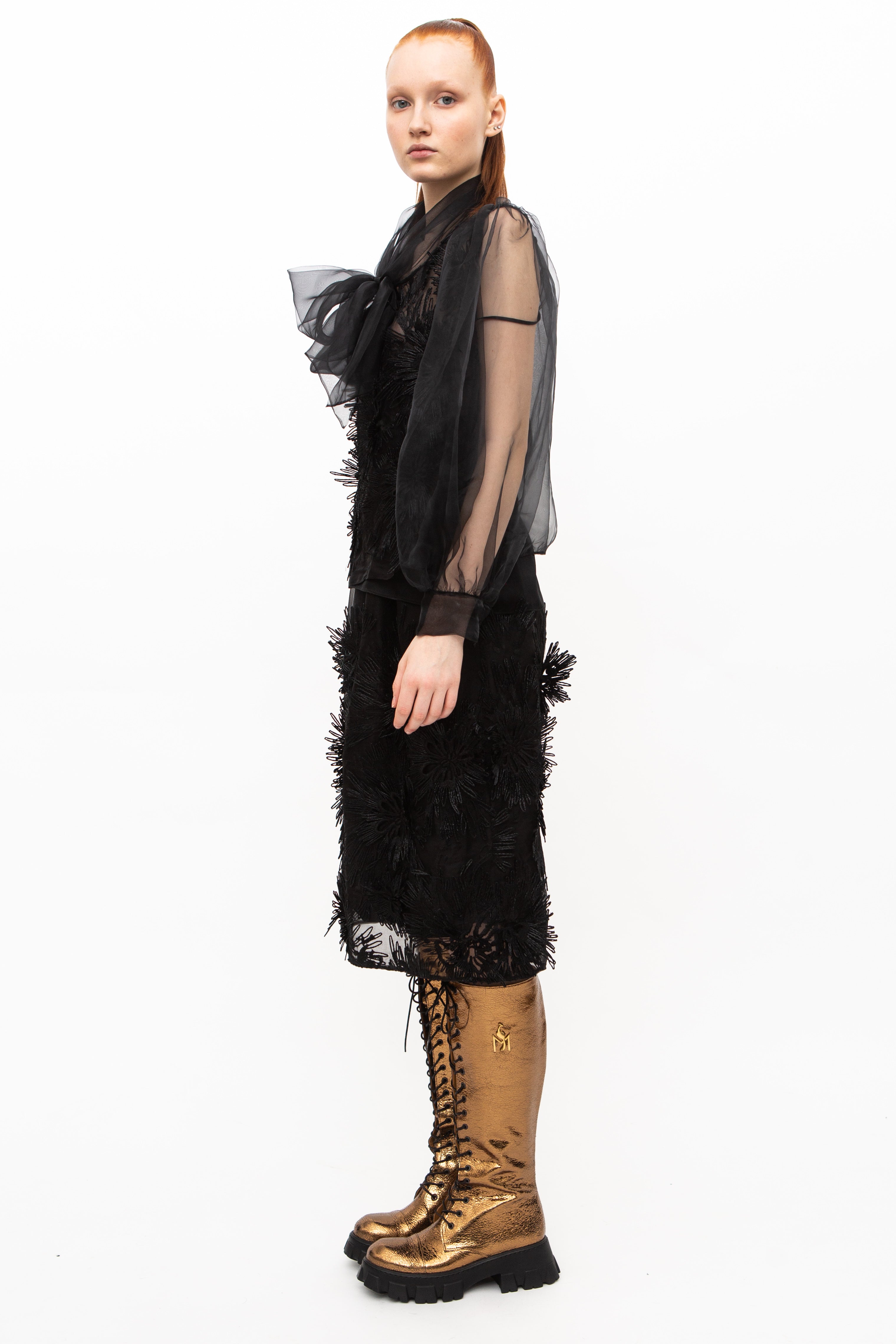 Handmade 3D Skirt Sheer Embroidered Black Unique