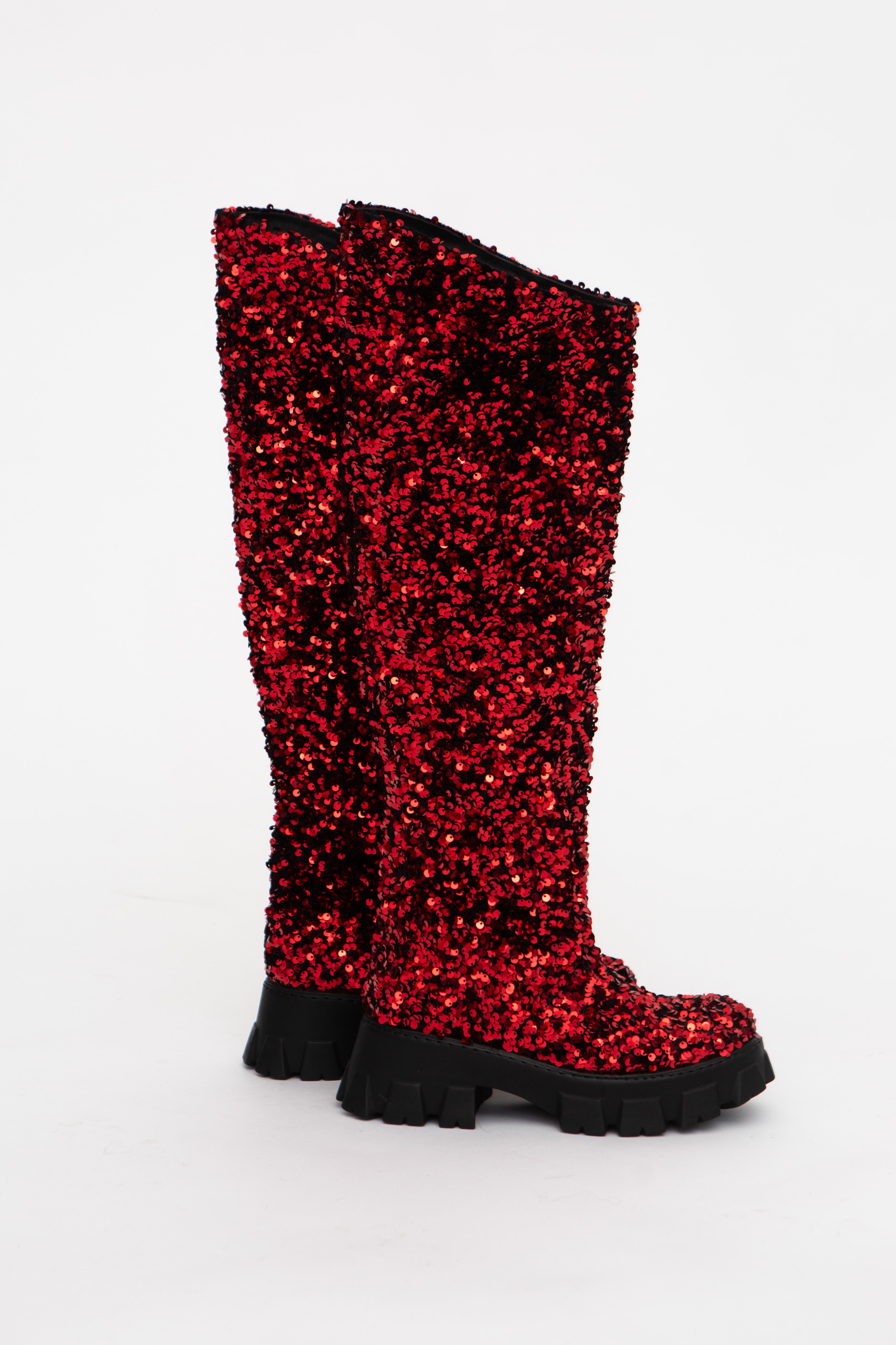 Handmade Boots High Red Sequins