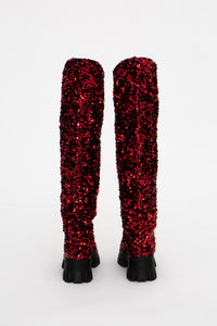 Handmade Boots High Red Sequins