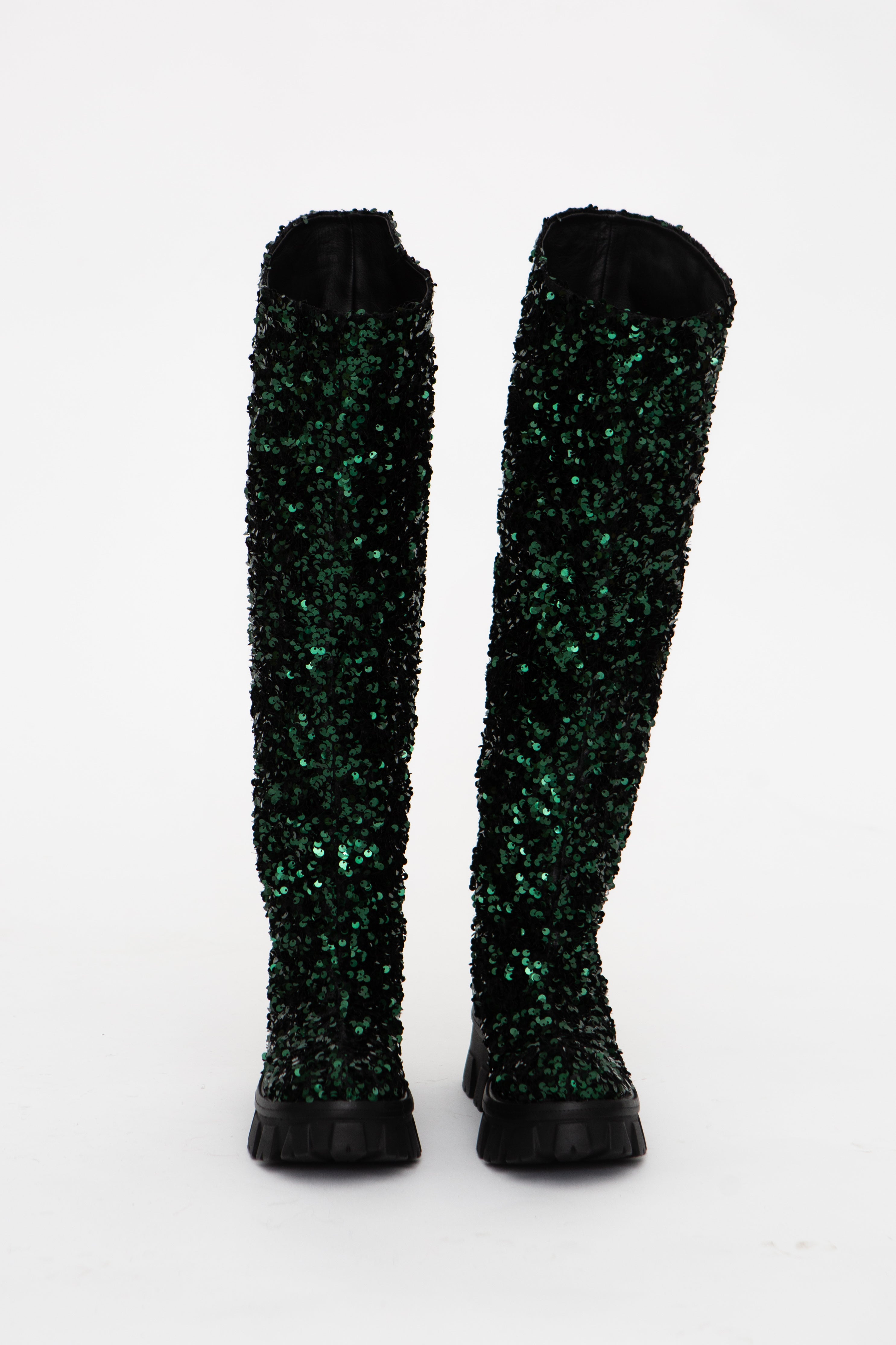 Handmade Boots High Green Sequins