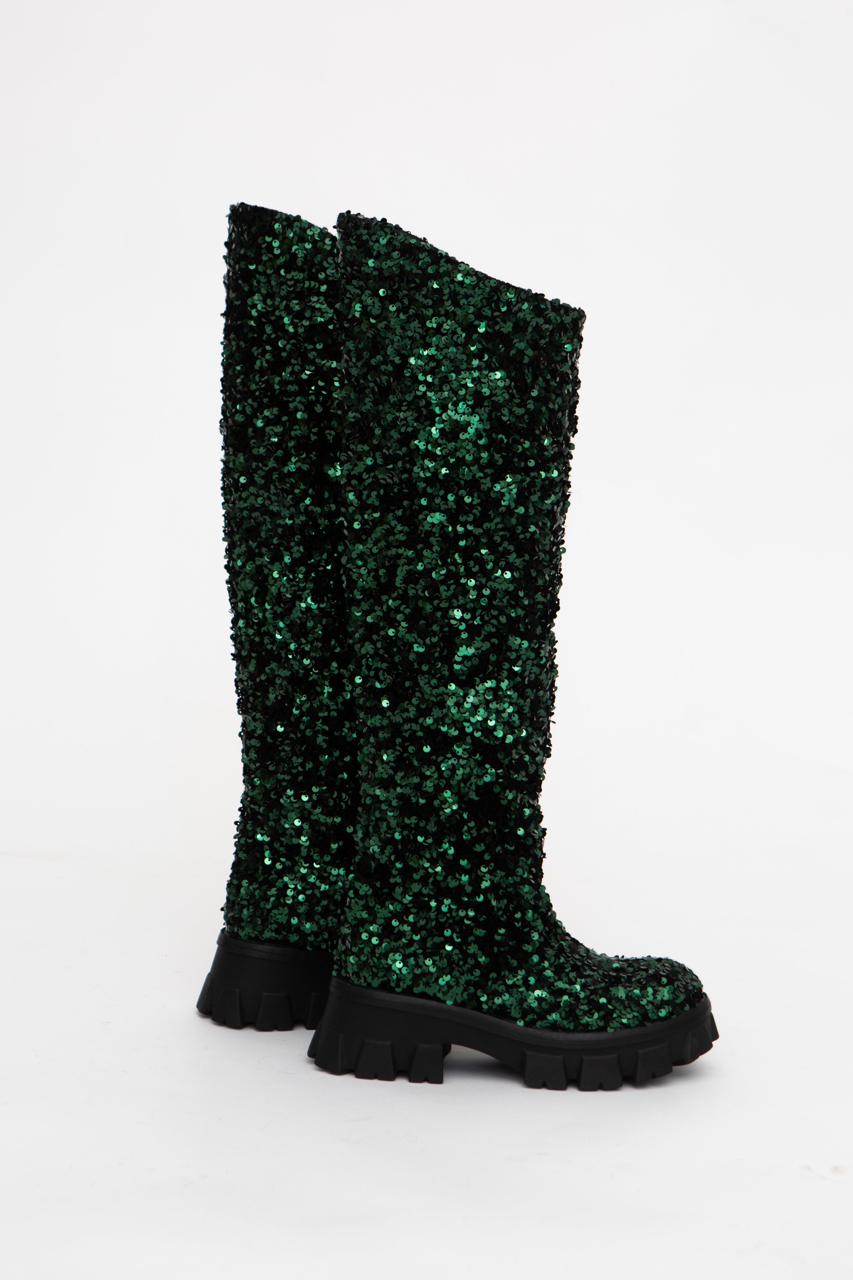 Handmade Boots High Green Sequins
