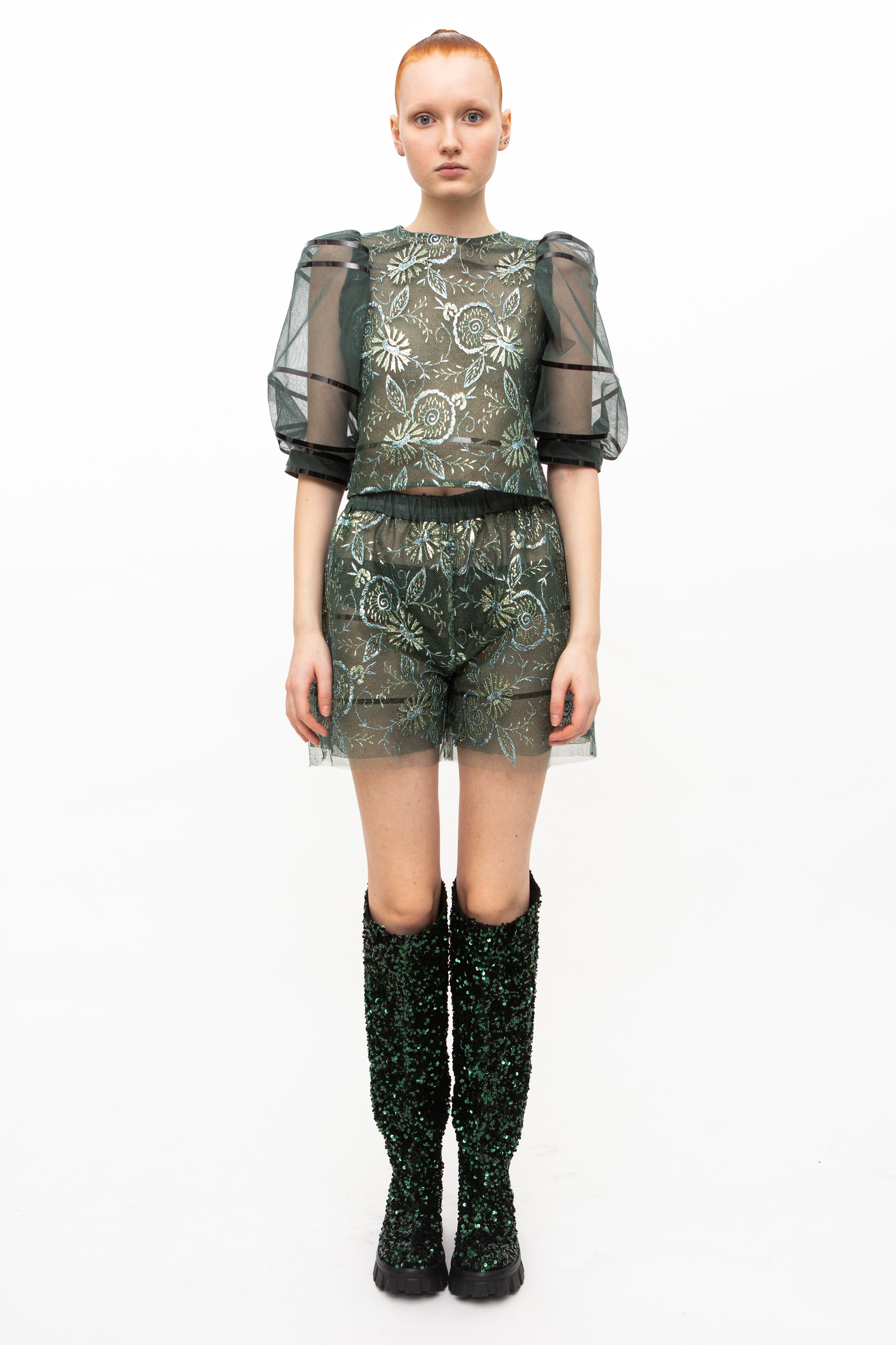 Handmade Boots High Green Sequins high