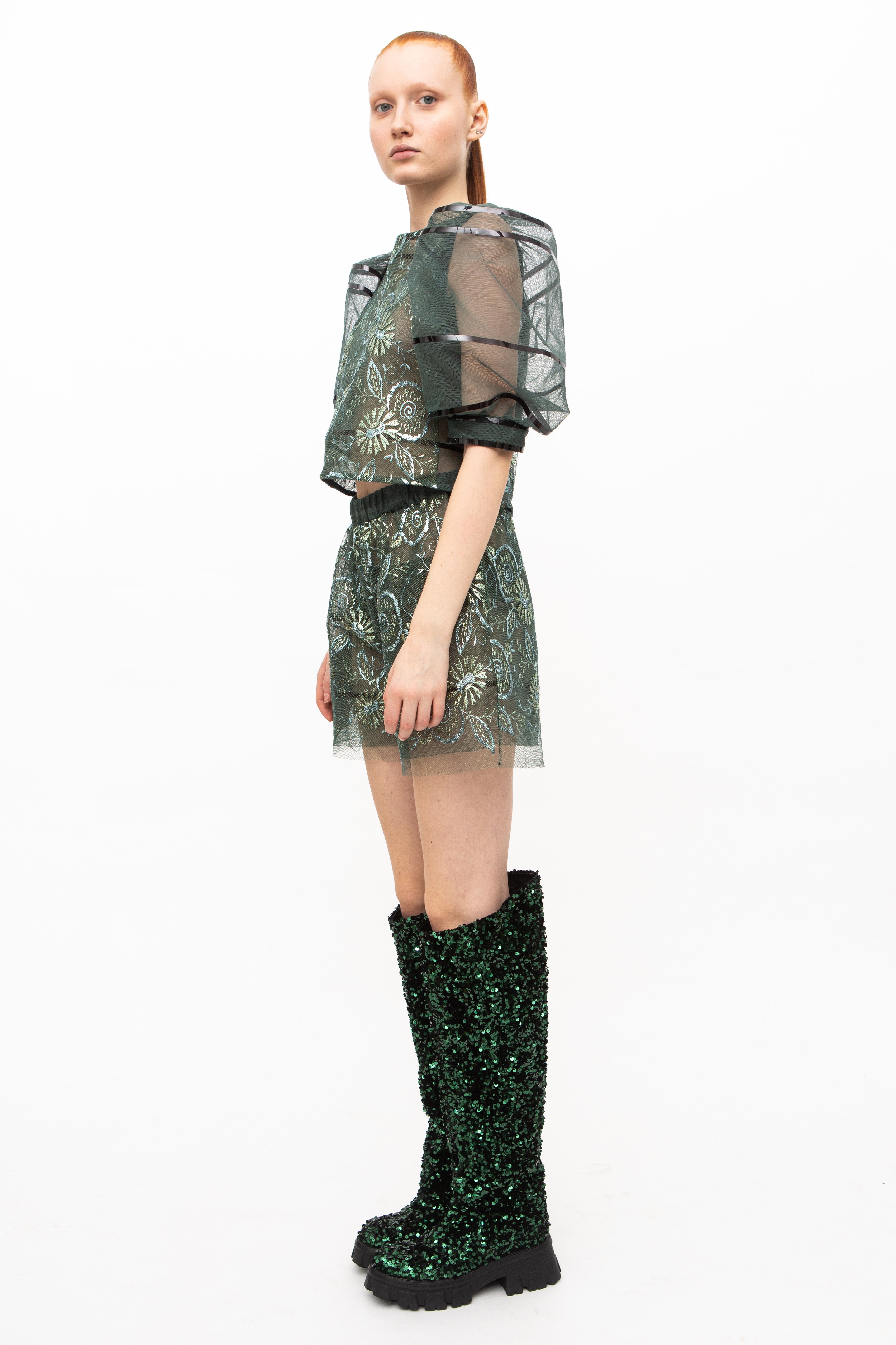 Handmade Boots High Green Sequins high