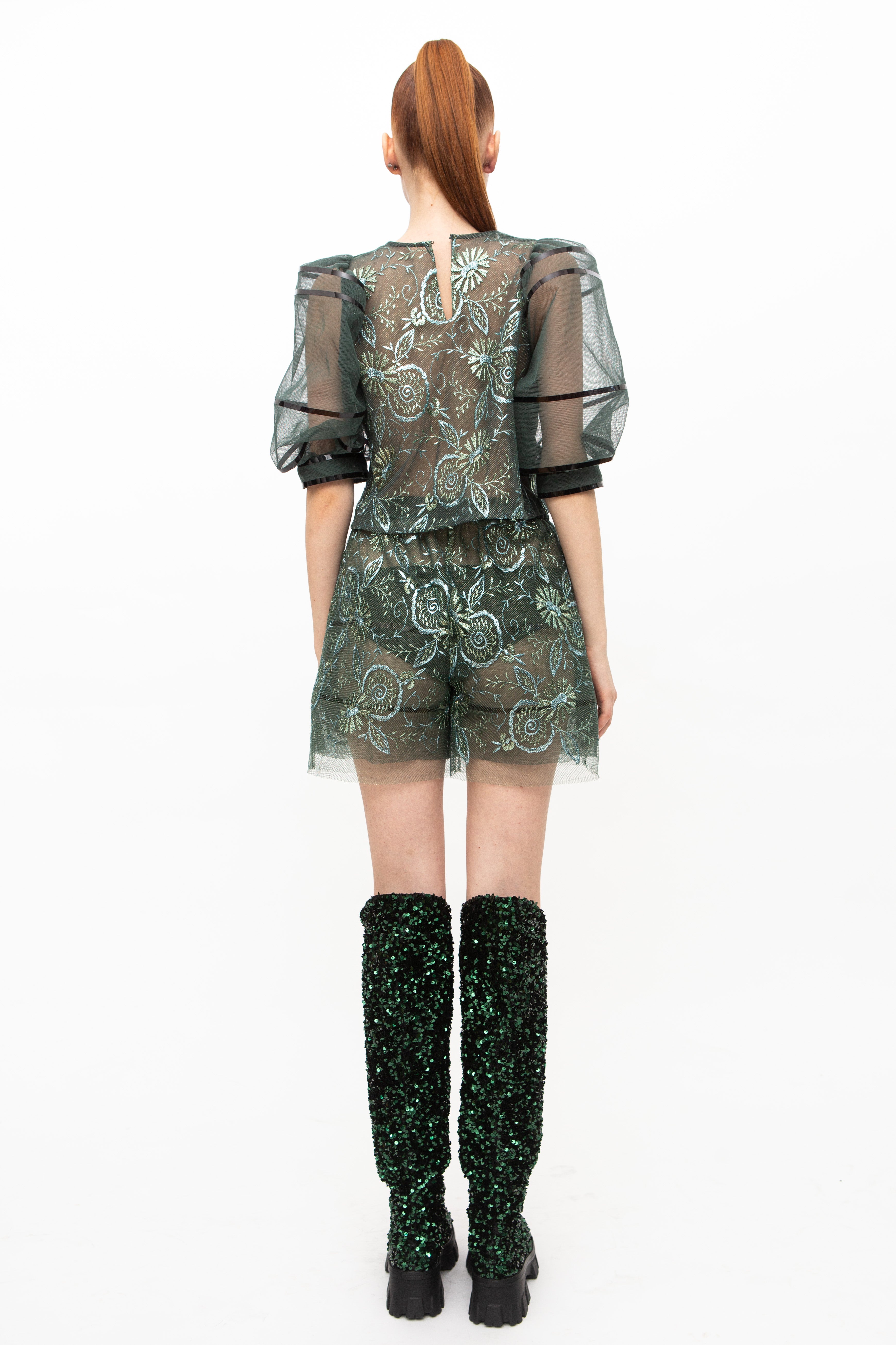 Handmade Boots High Green Sequins high