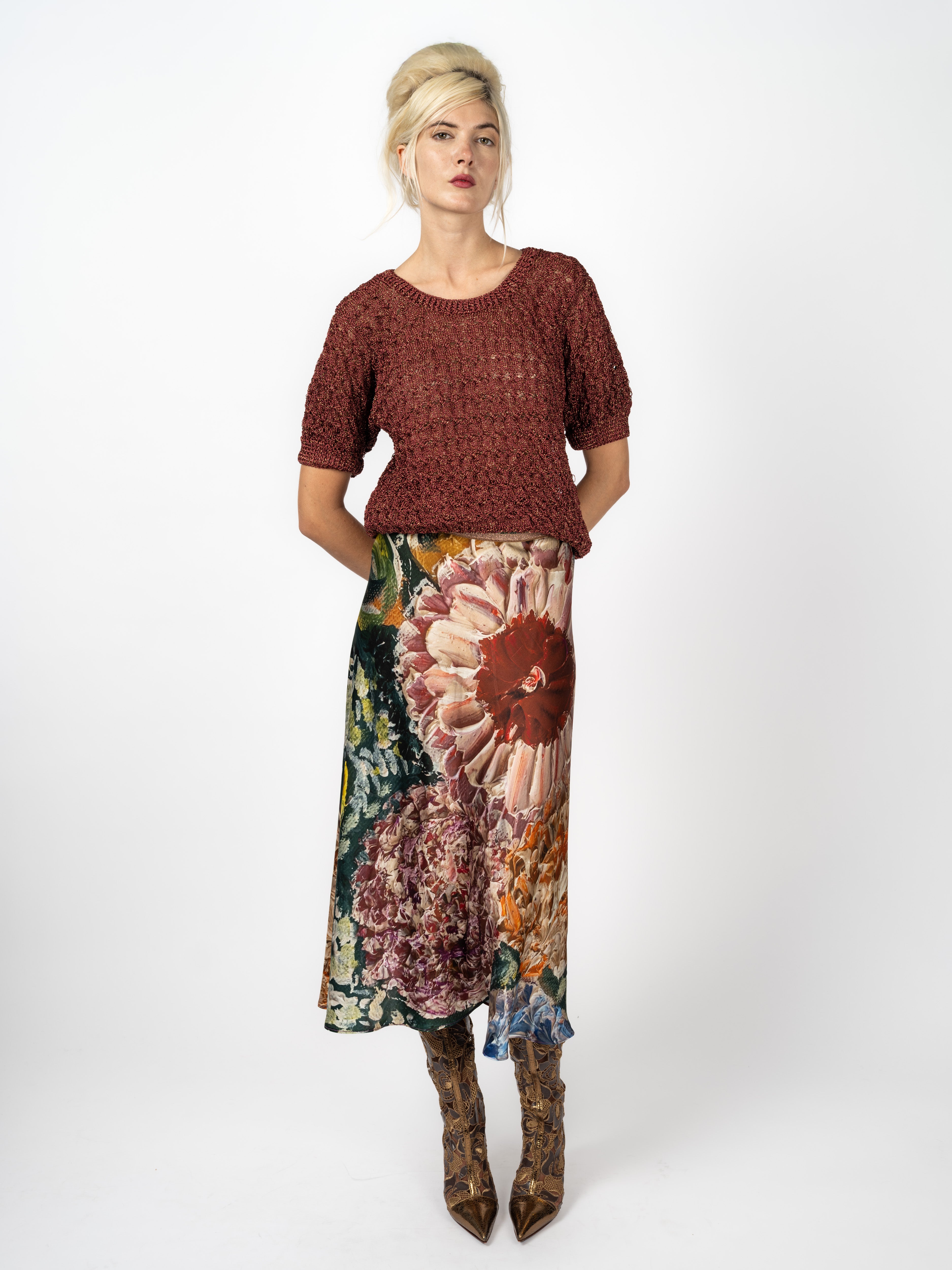 Kurzarm-Strickpullover aus Lurex in Kupfer – Vorderansicht