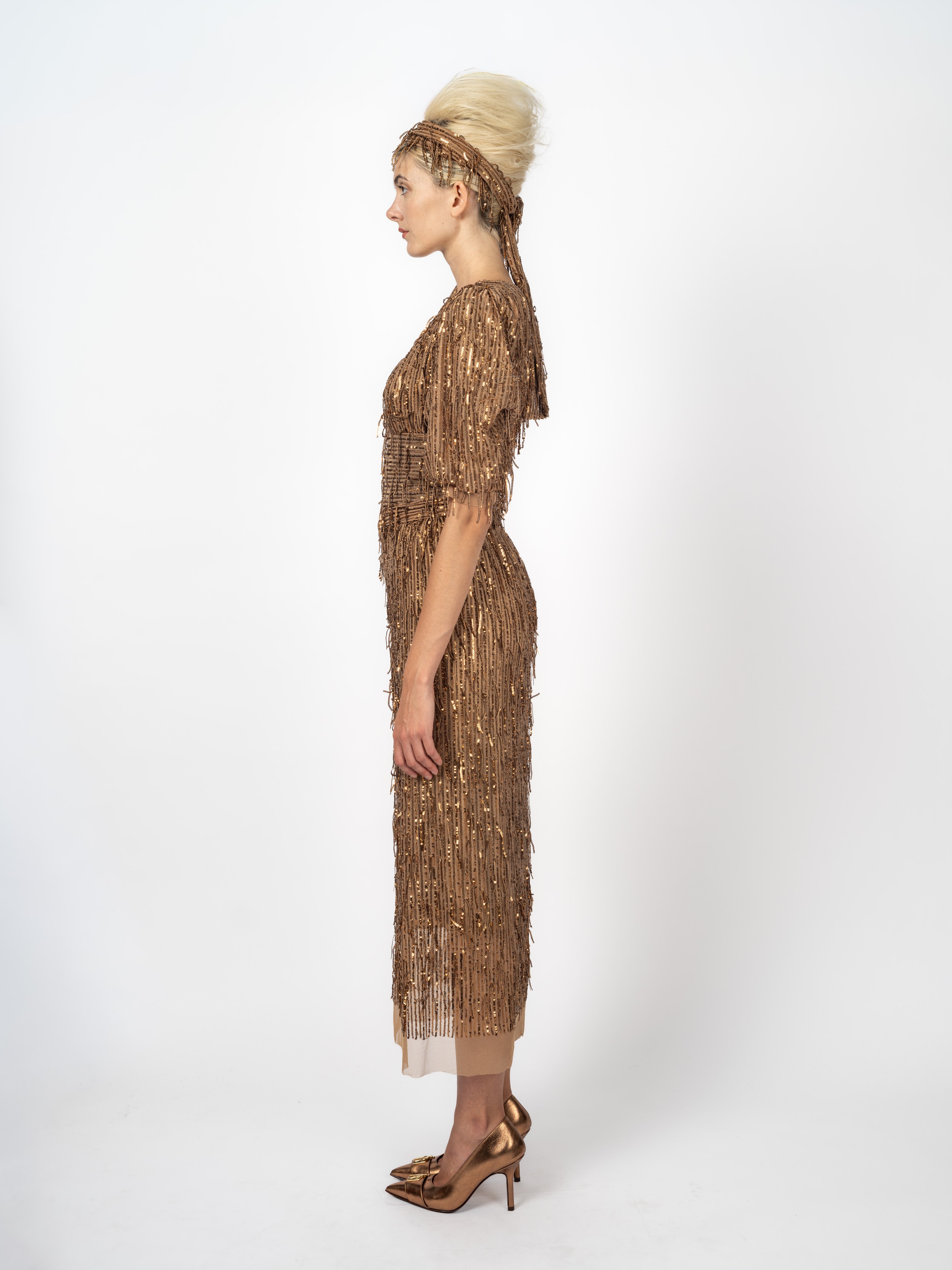 Couture-Kleid Bronze mit Pailletten-Fransen von Maya Seyferth – Ansicht 4