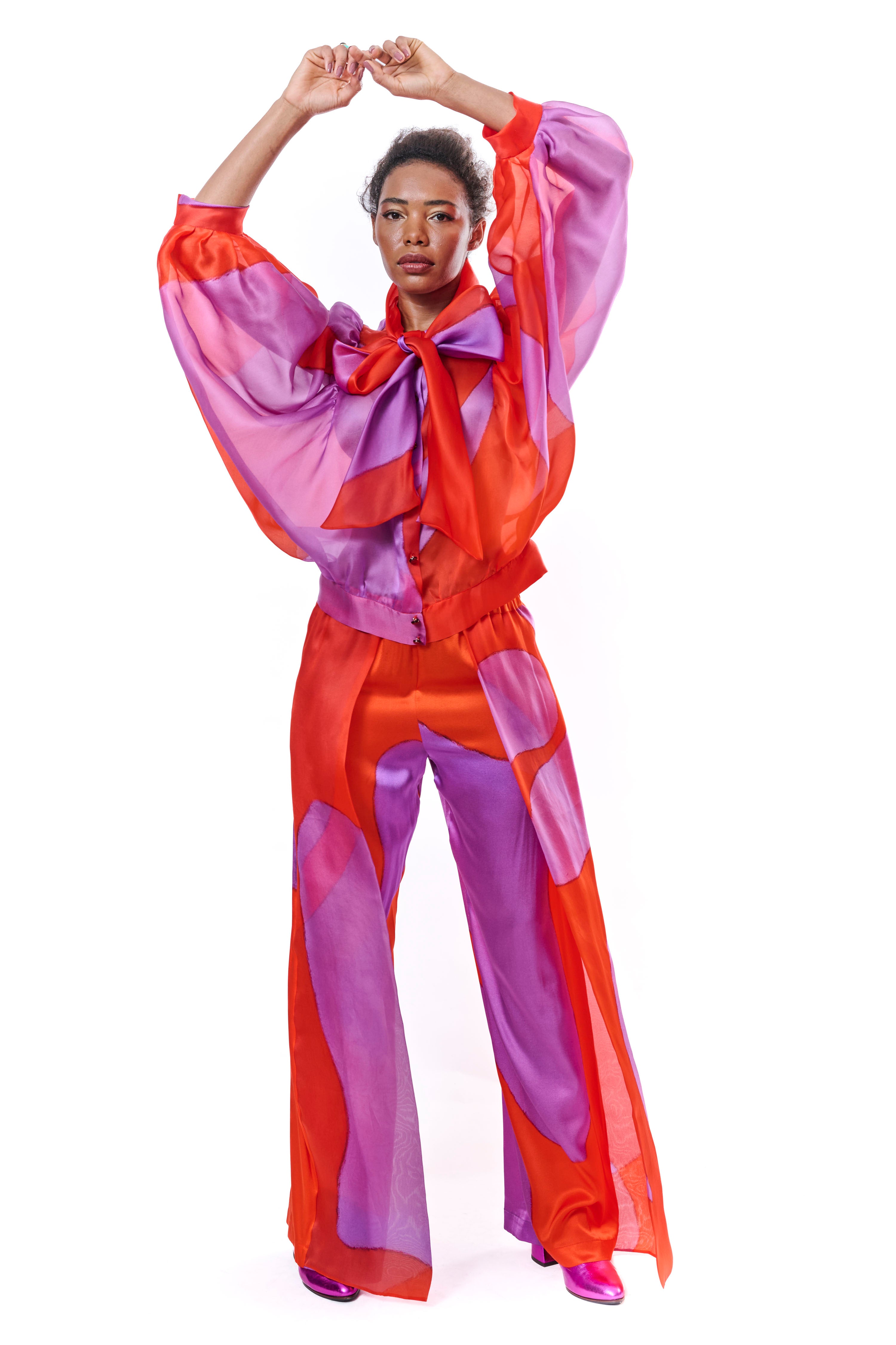 Blouse Bow Silk Red Purple