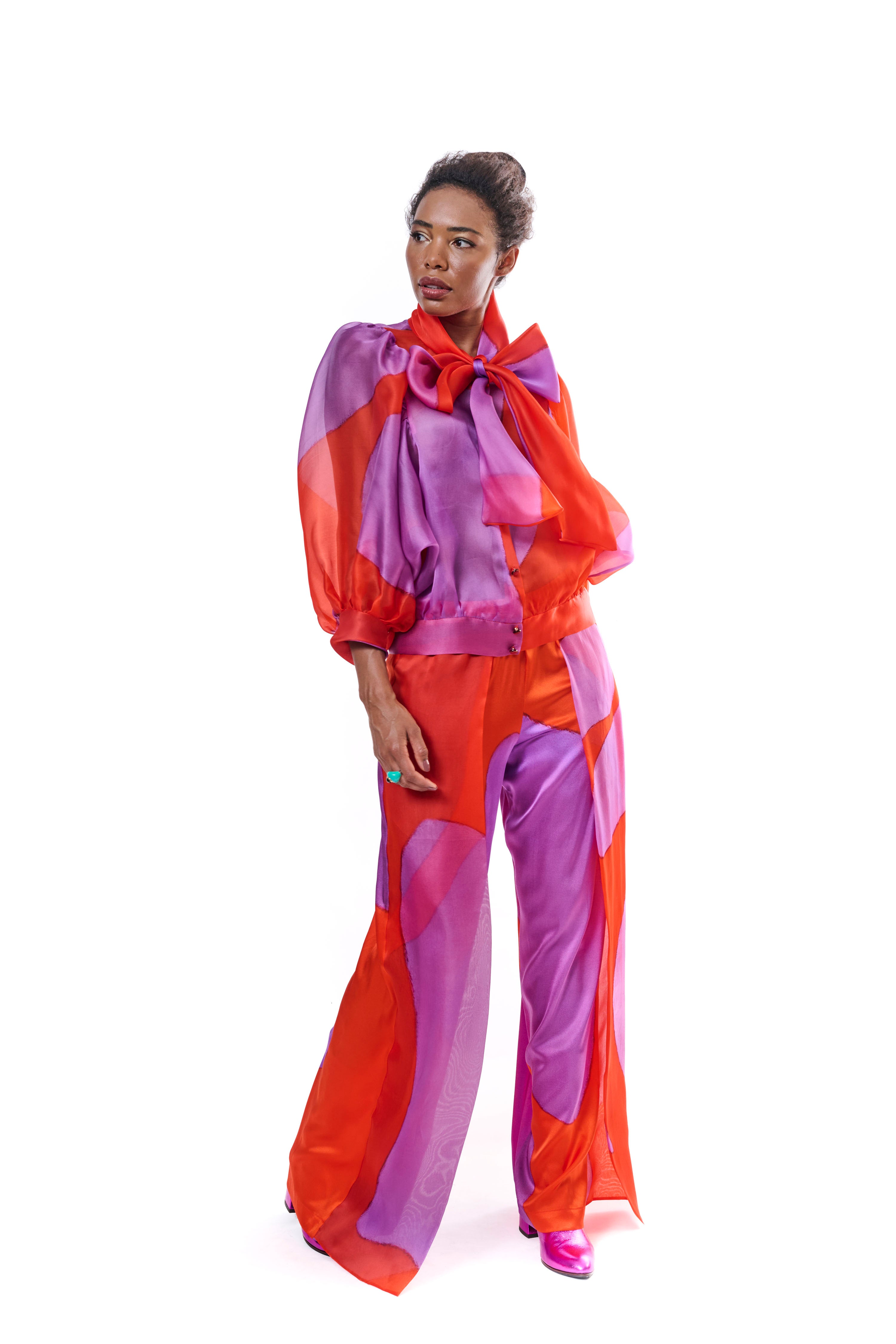 Blouse Bow Silk Red Purple