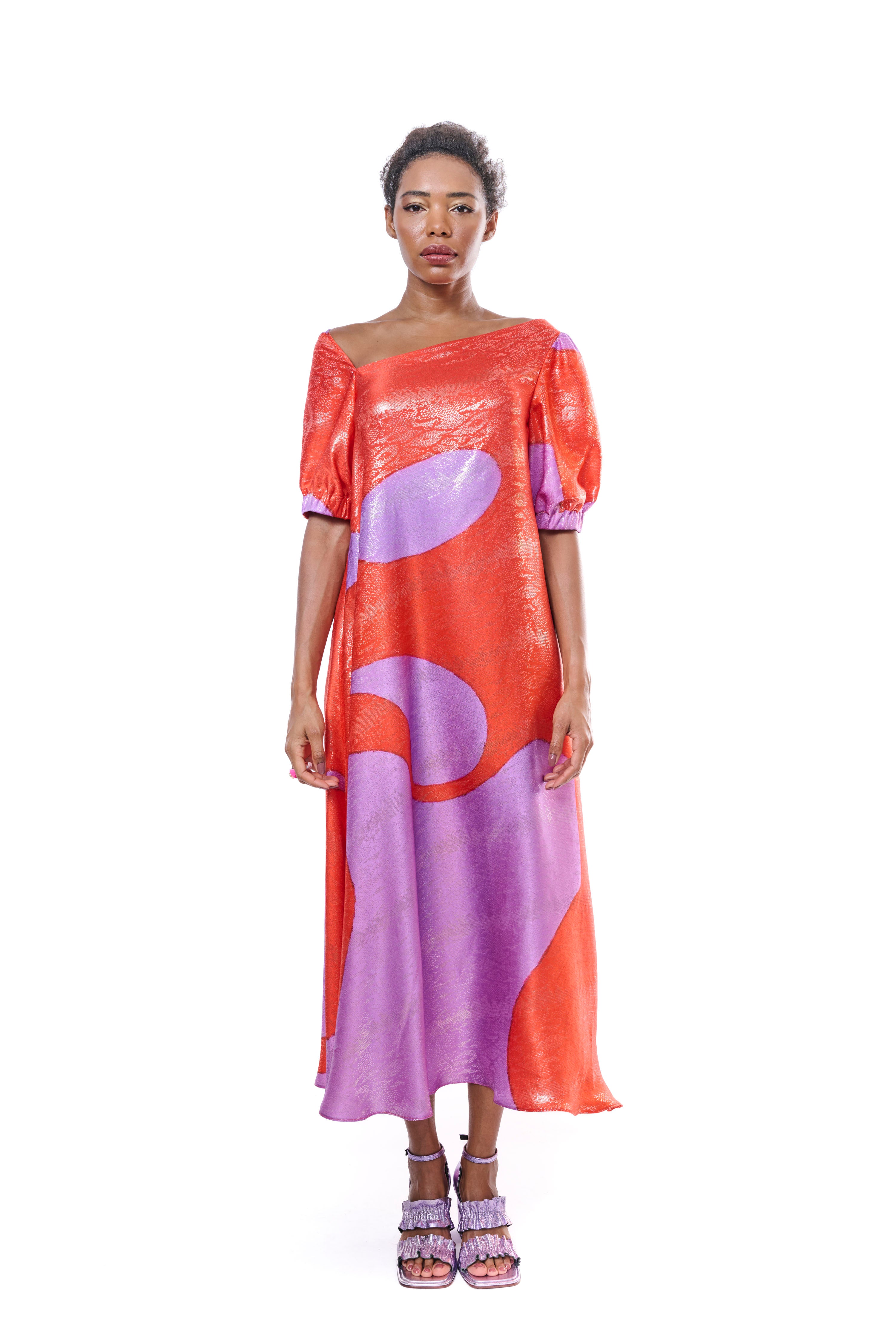 Dress Long Graphic Pure Silk Red