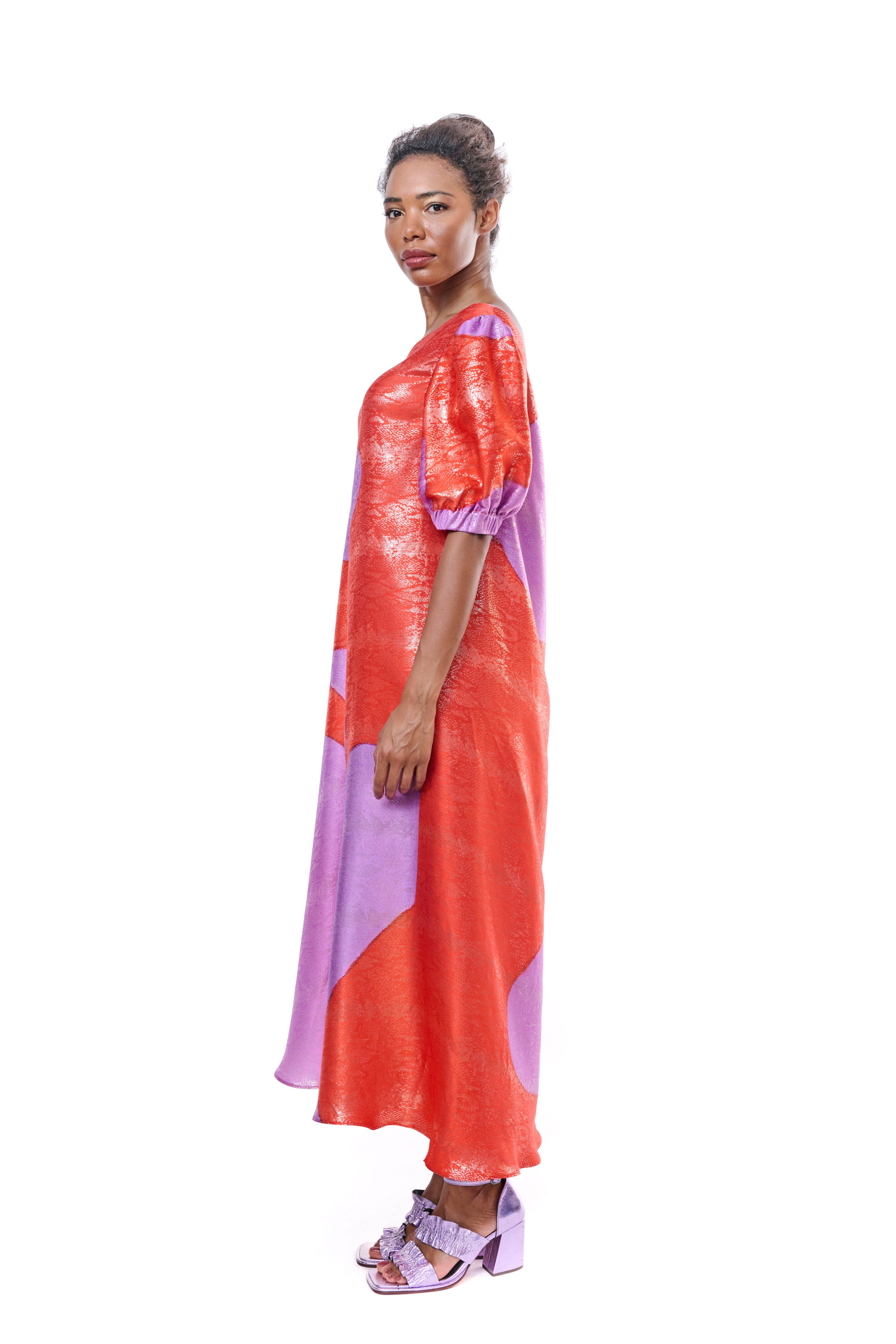 Dress Long Graphic Pure Silk Red