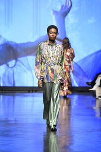 Runway Fashion Show Paris 2023 green pants and printed blouses
